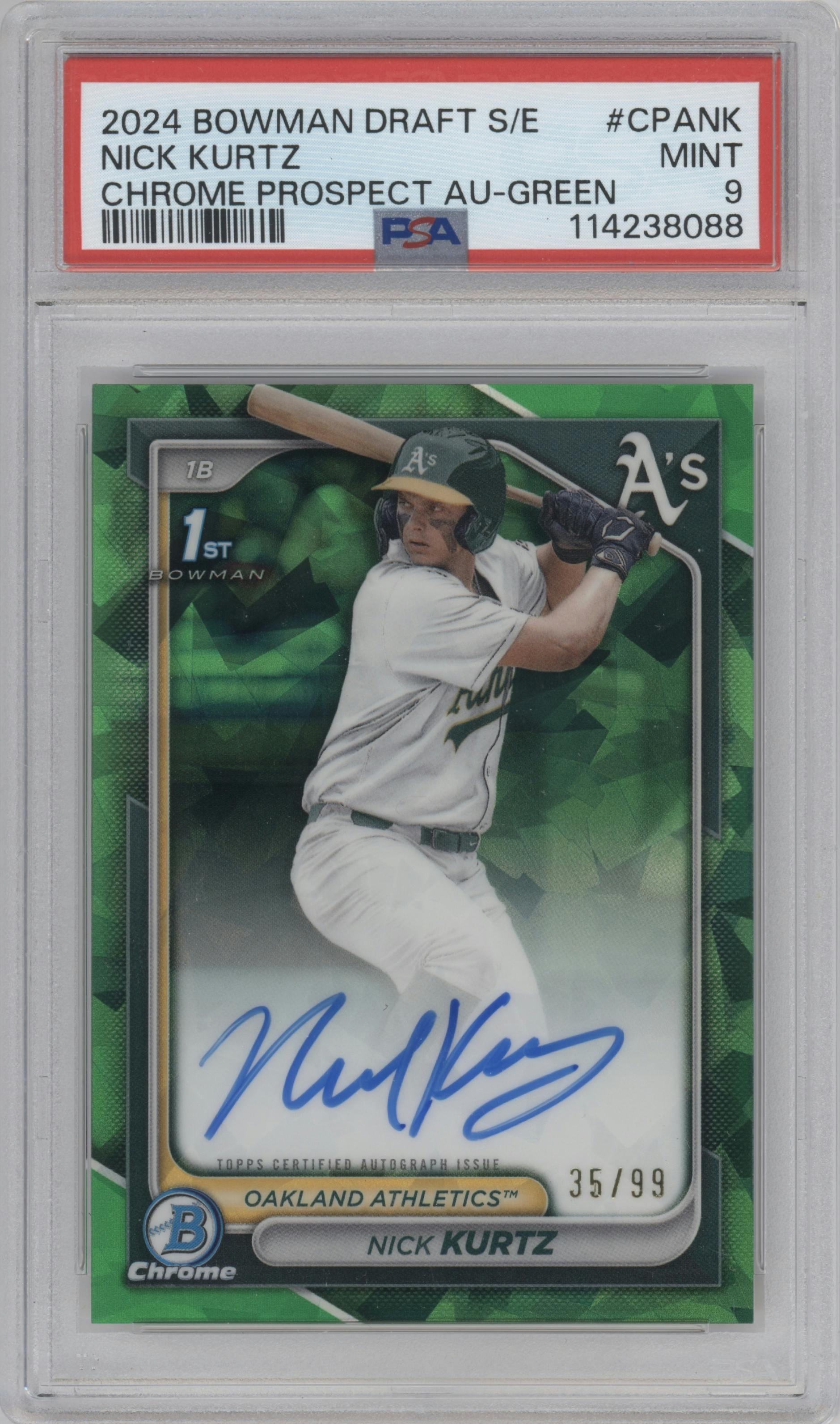 Nick Kurtz from the 2024 Bowman Draft Sapphire Edition set featuring a Green parallel graded by PSA and given an overall grade of 9.