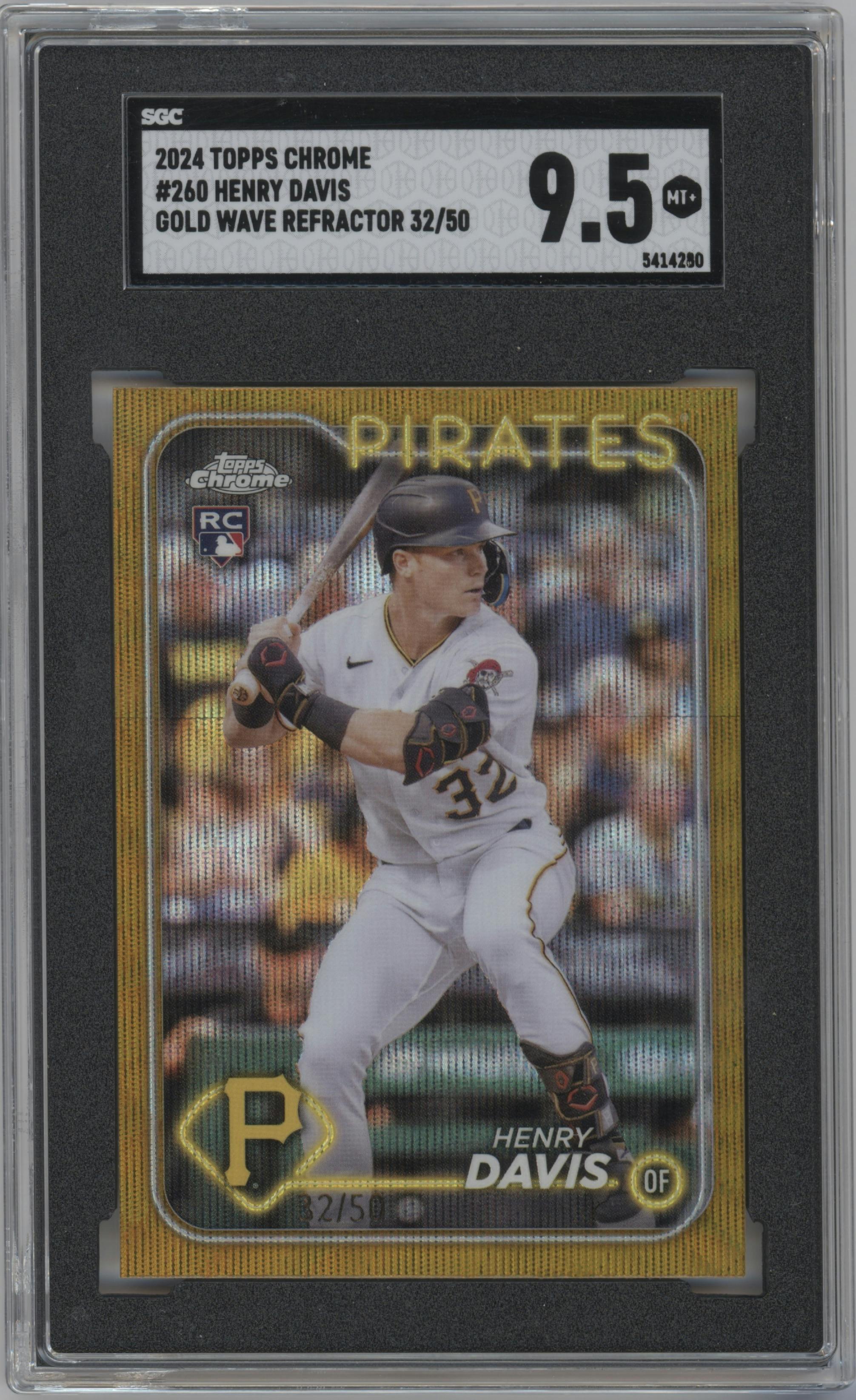 Henry Davis from the 2024 Topps Chrome set featuring a Gold Wave Refractor parallel graded by SGC and given an overall grade of 9.5.