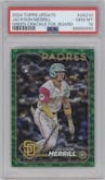 Jackson Merrill from the 2024 Topps Update set featuring a Green Crackle Foilboard parallel graded by PSA and given an overall grade of 10.