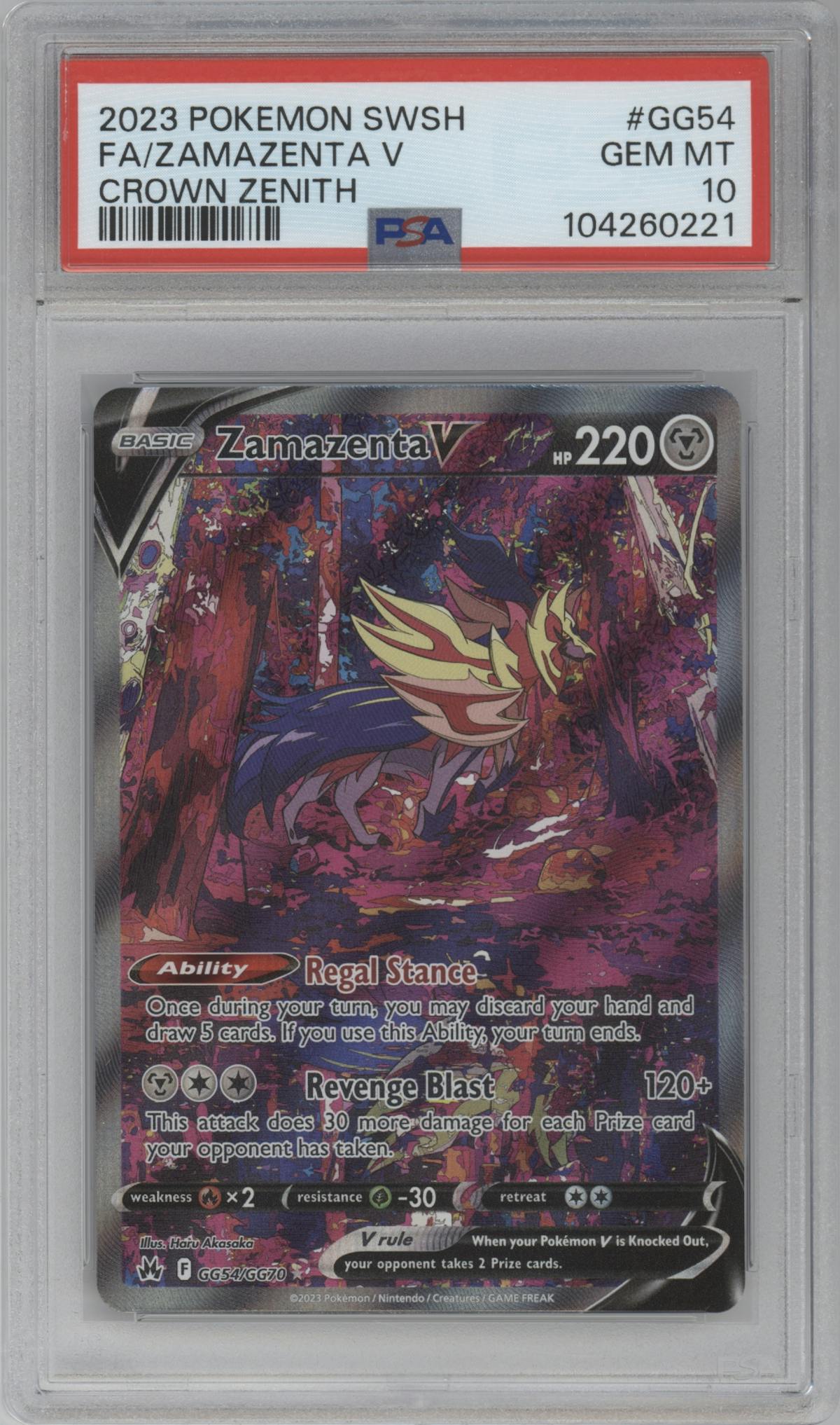 Zamazenta V from the 2023 Pokemon SWSH set graded by PSA and given an overall grade of 10.