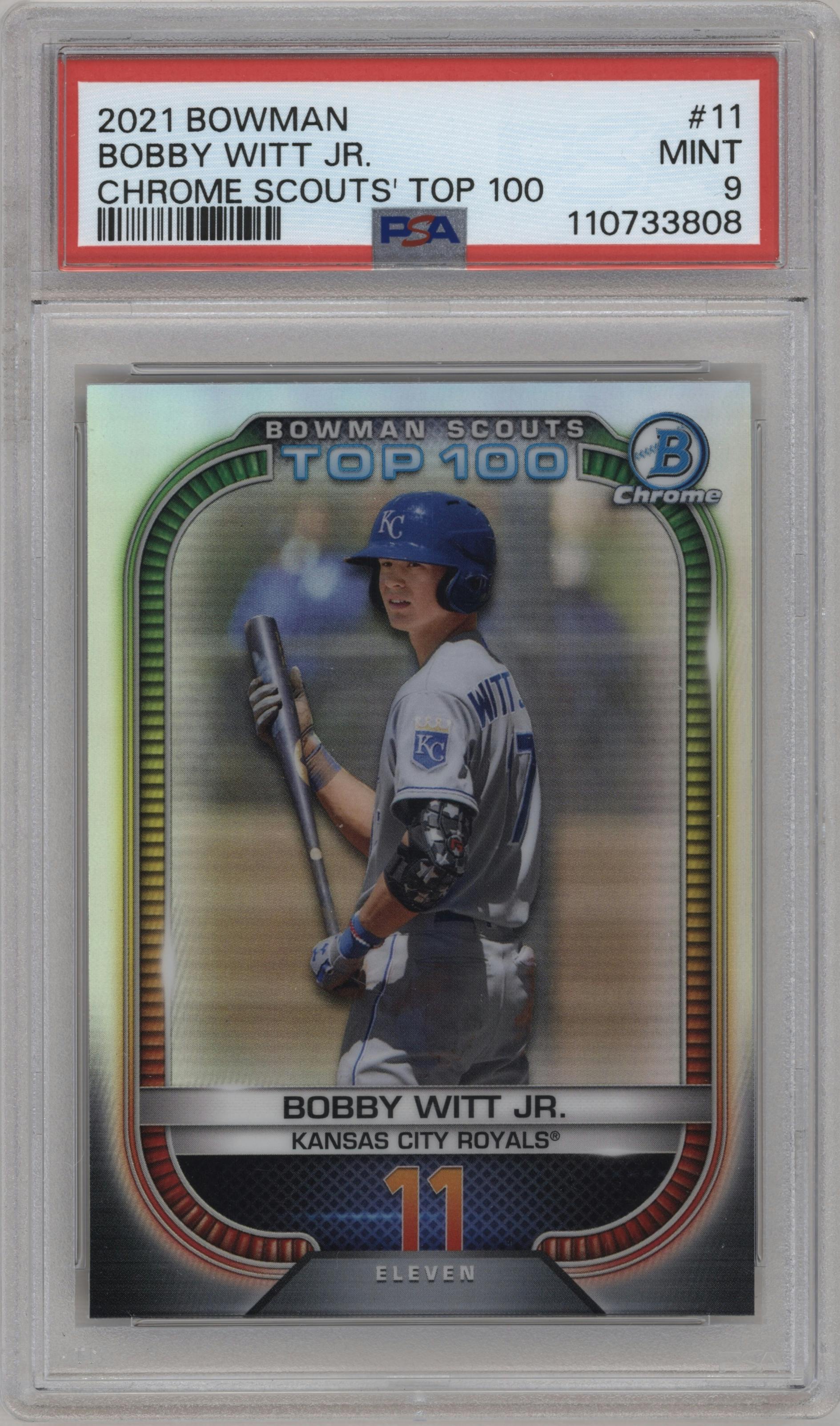 Bobby Witt Jr. from the 2021 Bowman set graded by PSA and given an overall grade of 9.