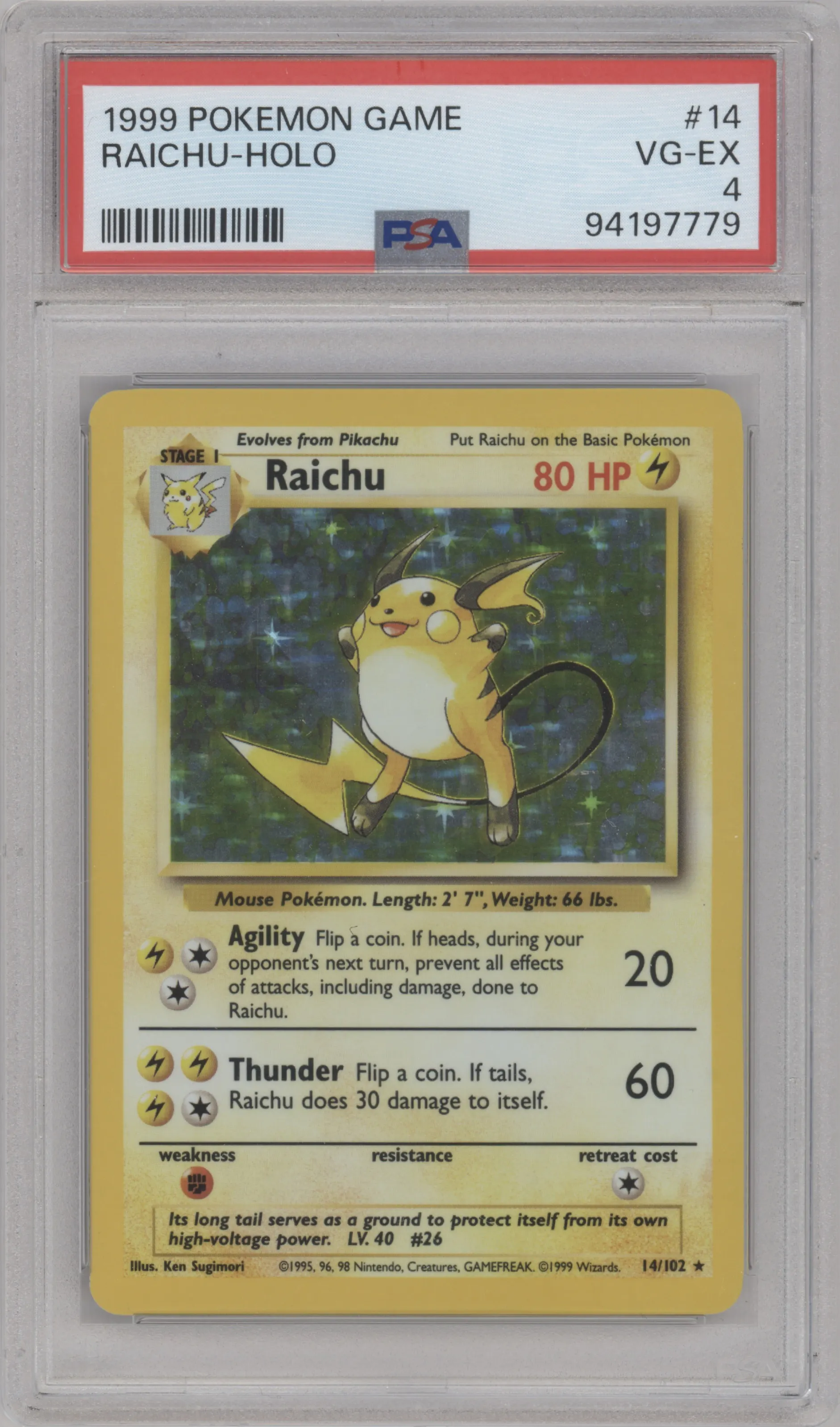 Raichu from the 1999 Pokemon set graded by PSA and given an overall grade of 4.