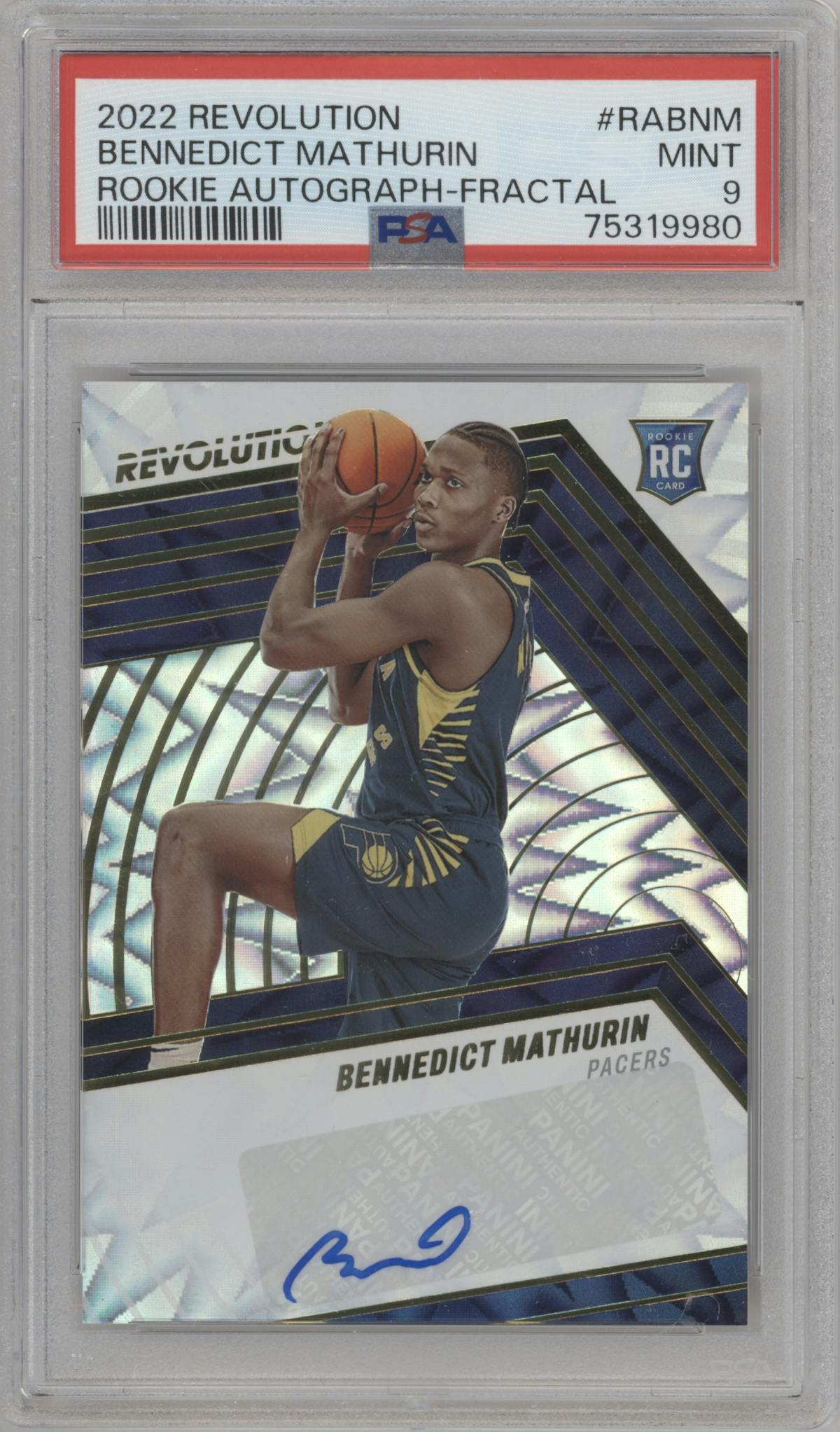 Bennedict Mathurin from the 2022-23 Panini Revolution  set featuring a Fractal parallel graded by PSA and given an overall grade of 9.