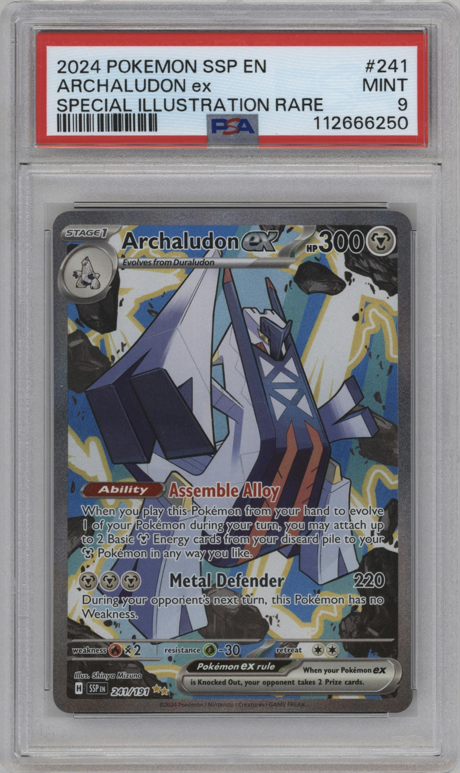 Archaludon ex from the 2024 Pokemon SV set graded by PSA and given an overall grade of 9.