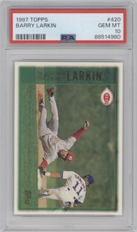 Barry Larkin from the 1997 Topps set graded by PSA and given an overall grade of 10.