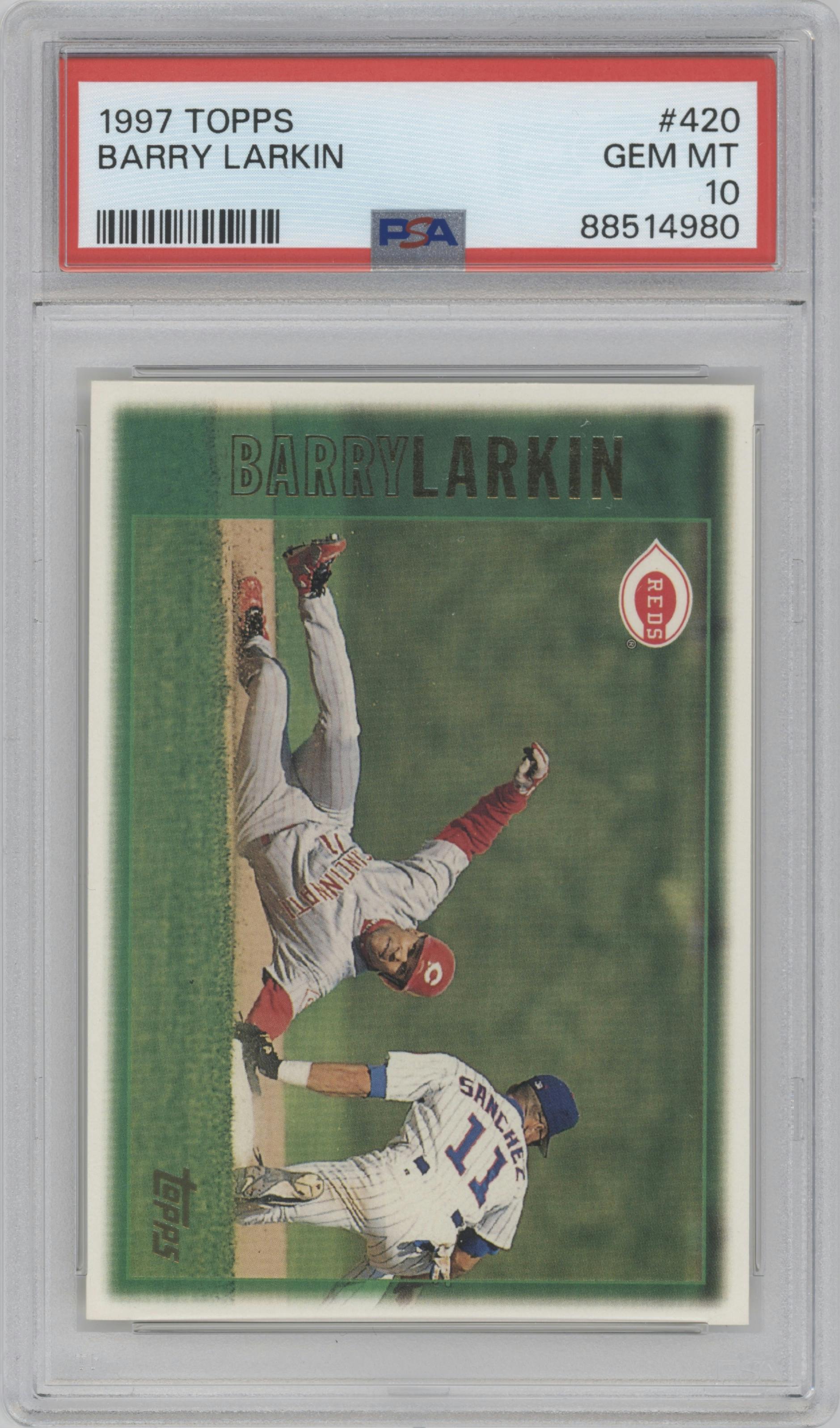 Barry Larkin from the 1997 Topps set graded by PSA and given an overall grade of 10.
