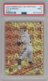 Joe Burrow from the 2024 Panini The National VIP set featuring a Gold parallel graded by PSA and given an overall grade of 9.