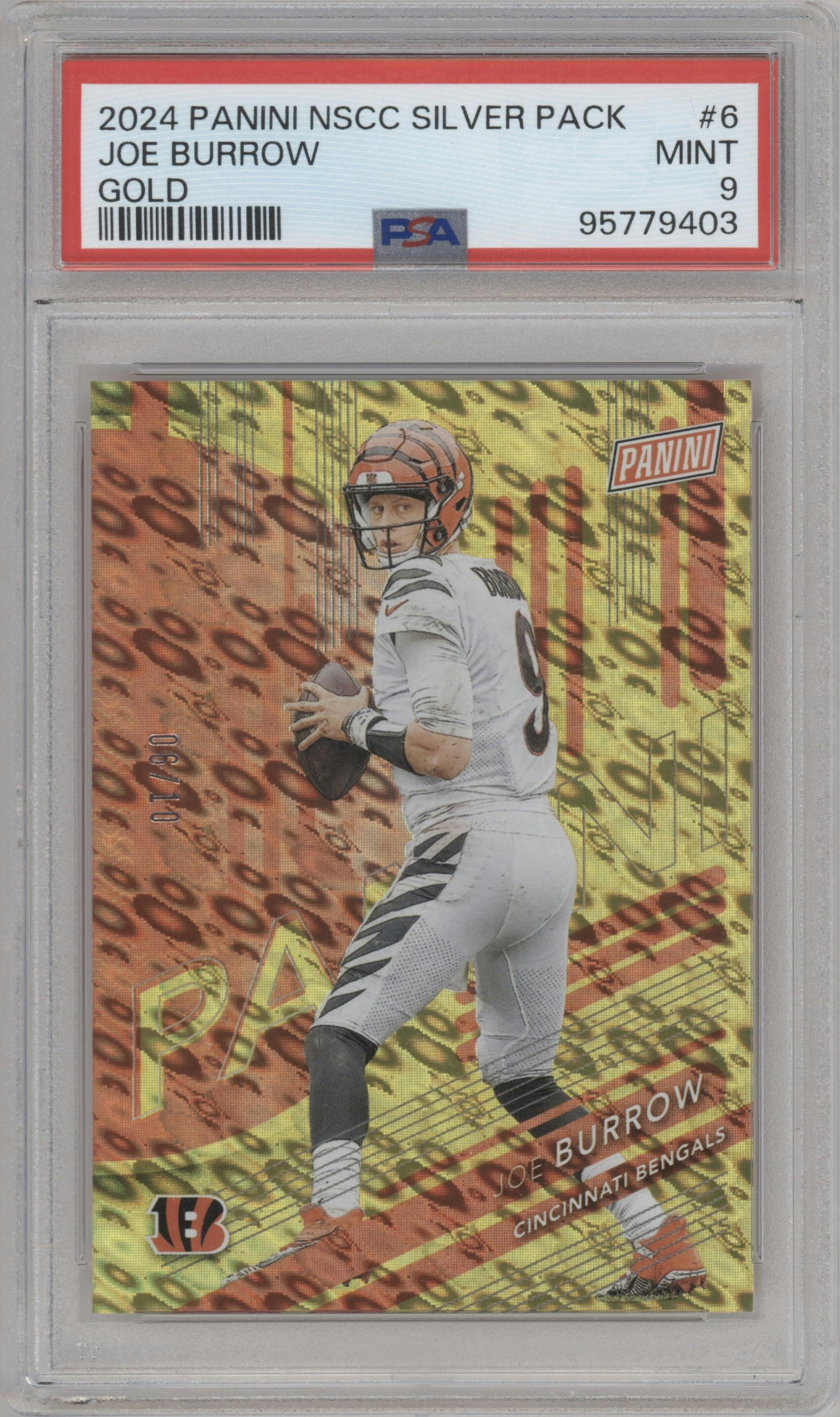 Joe Burrow from the 2024 Panini The National VIP set featuring a Gold parallel graded by PSA and given an overall grade of 9.