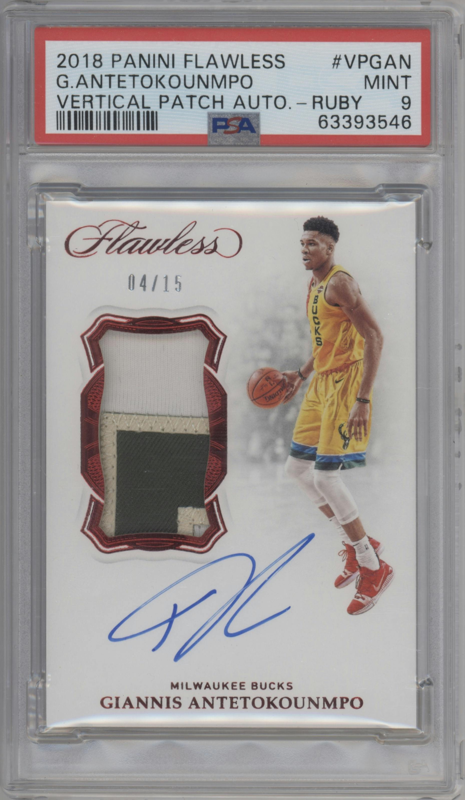Giannis Antetokounmpo from the 2018-19 Panini Flawless set featuring a Ruby parallel graded by PSA and given an overall grade of 9.