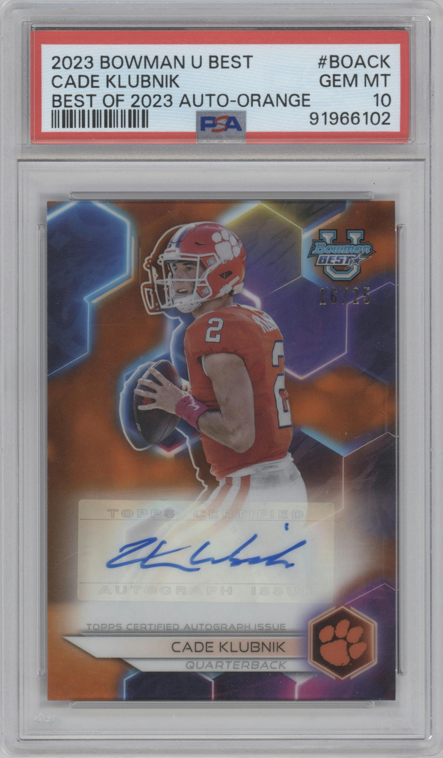 Cade Klubnik  from the 2023 Bowman University's Best  set featuring a Orange Refractor parallel graded by PSA and given an overall grade of 10.