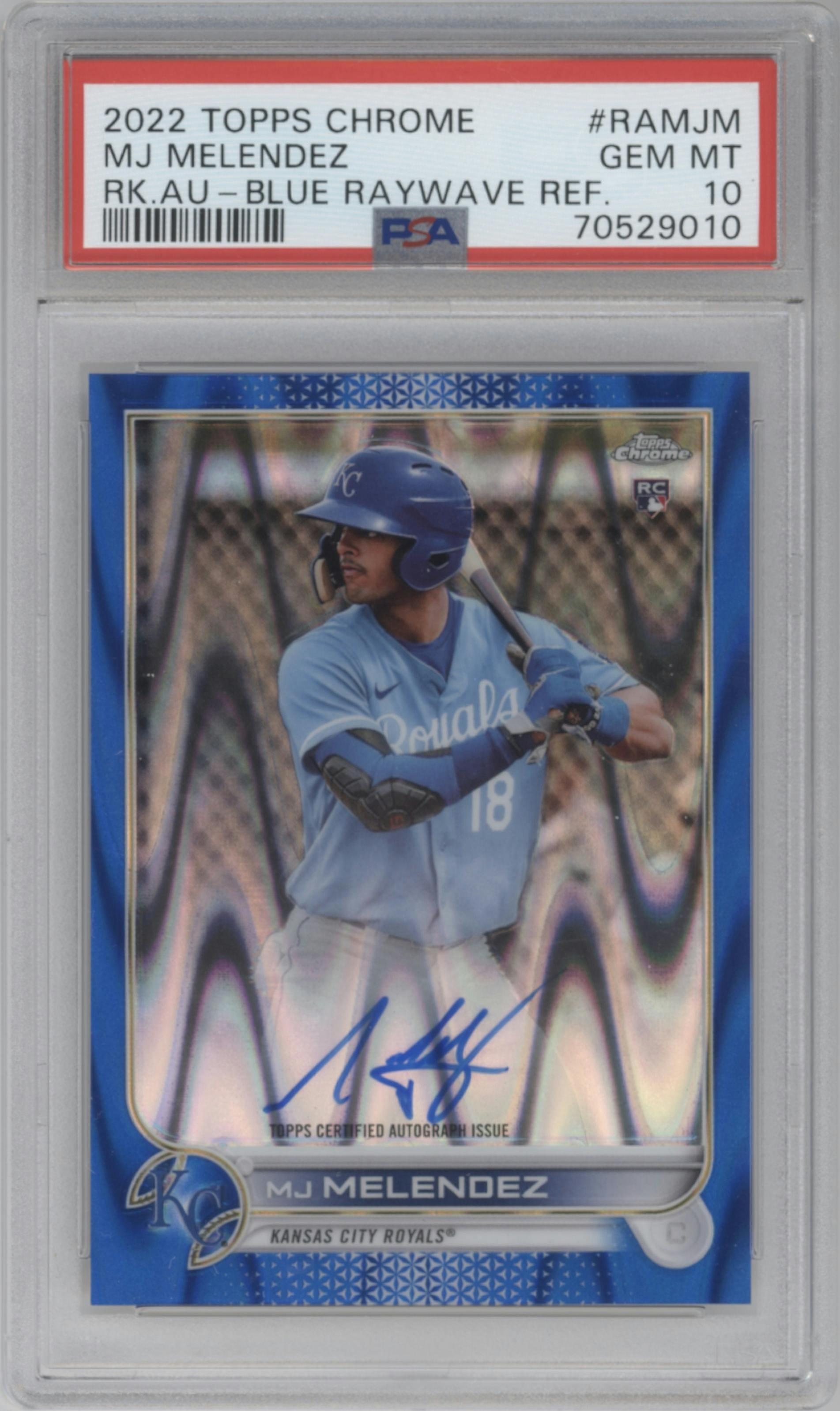 MJ Melendez from the 2022 Topps Chrome set featuring a Blue RayWave Refractor parallel graded by PSA and given an overall grade of 10.