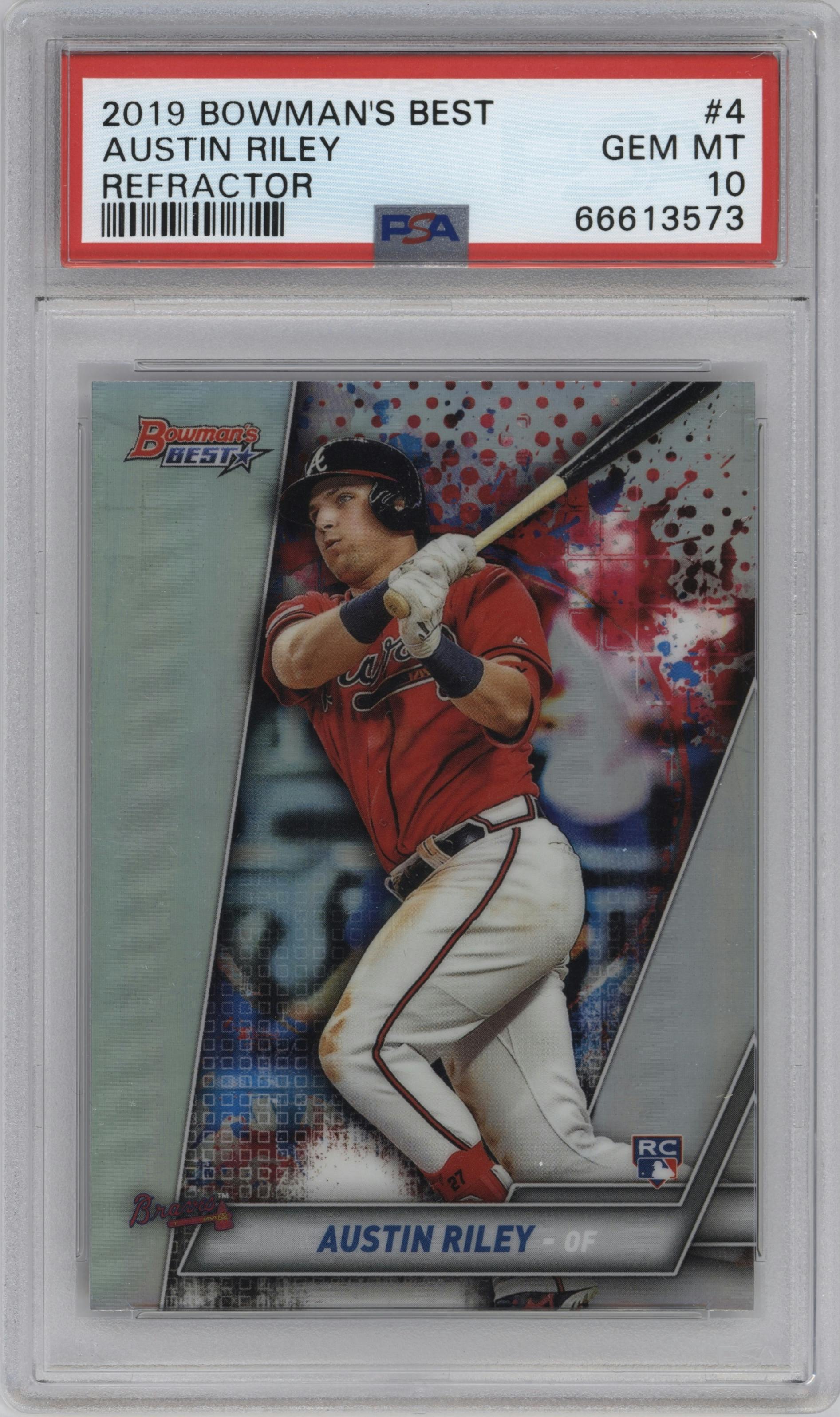 Austin Riley from the 2019 Bowman’s Best set featuring a Refractor parallel graded by PSA and given an overall grade of 10.