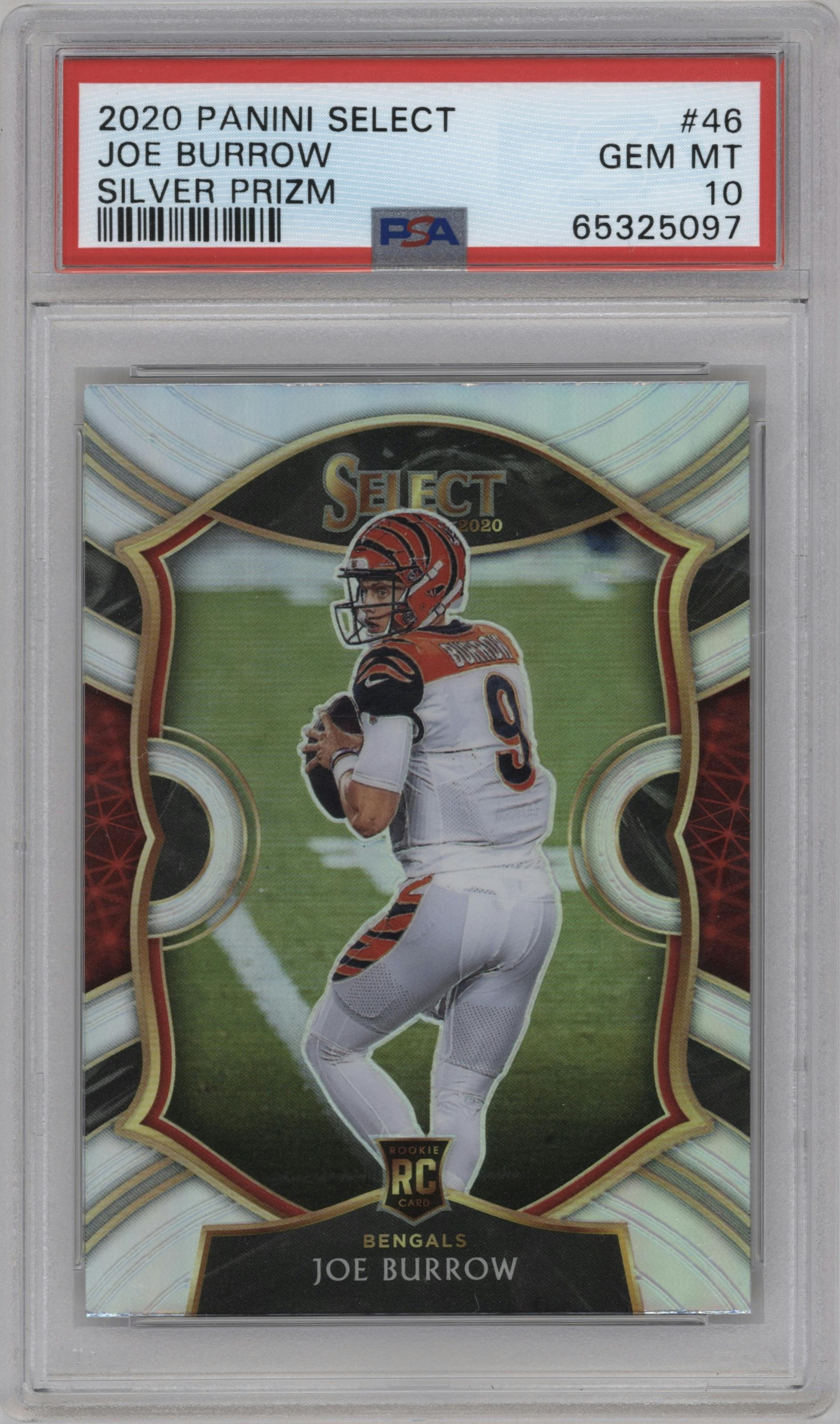 Joe Burrow from the 2020 Panini Select set featuring a Silver Prizm parallel graded by PSA and given an overall grade of 10.