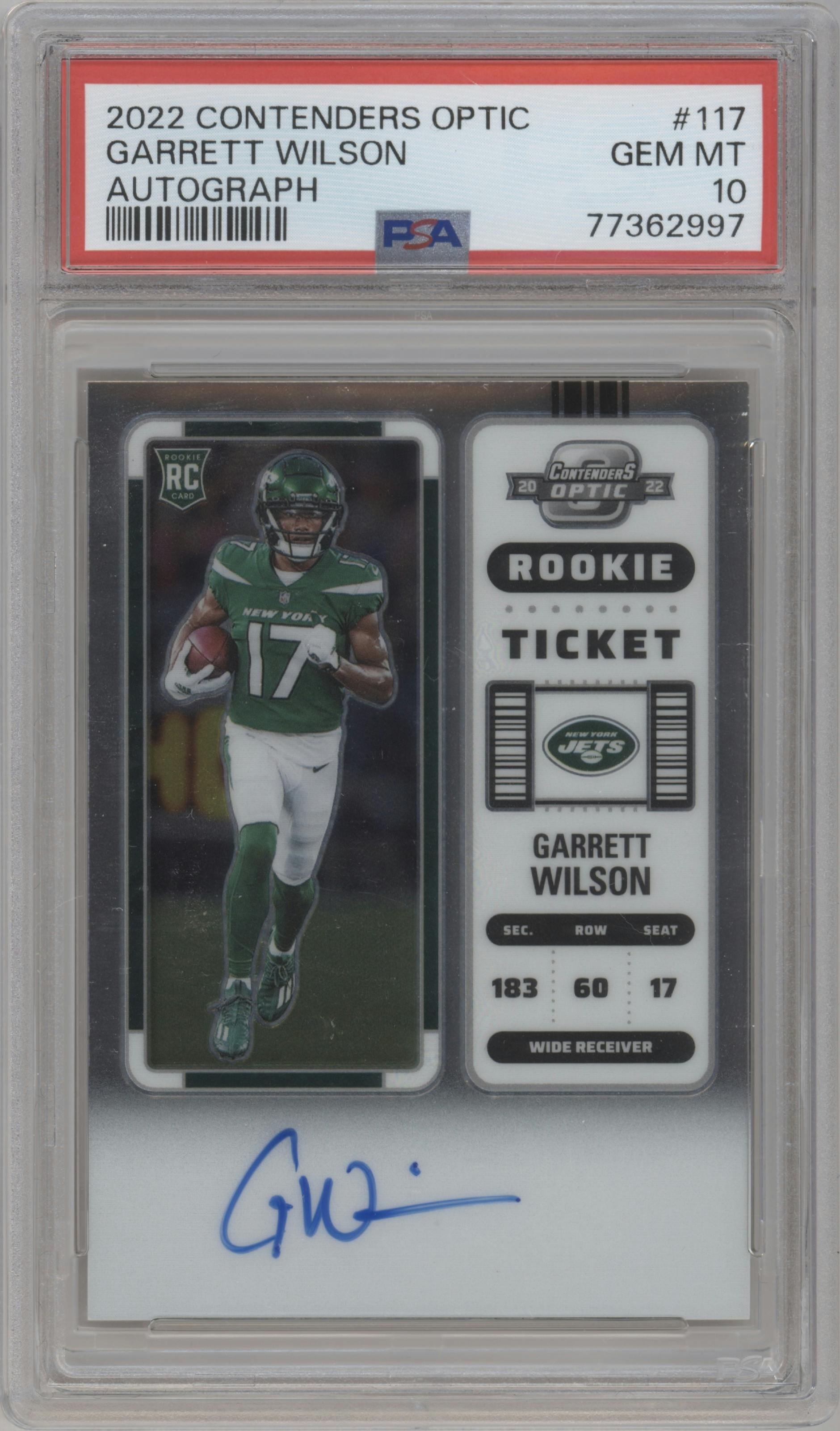 Garrett Wilson from the 2022 Panini Contenders Optic set graded by PSA and given an overall grade of 10.