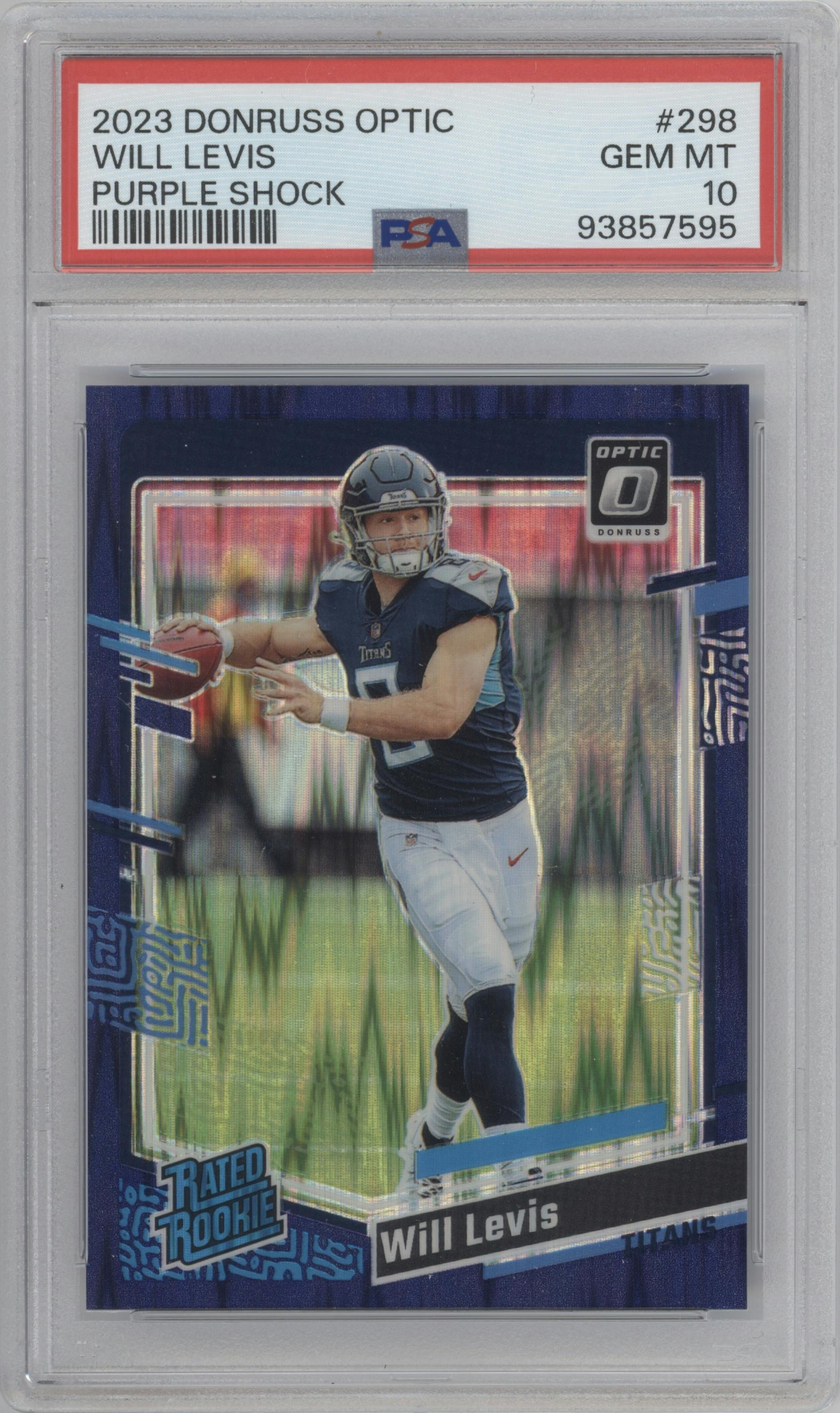 Will Levis from the 2023 Donruss Optic set featuring a  Purple Shock parallel graded by PSA and given an overall grade of 10.
