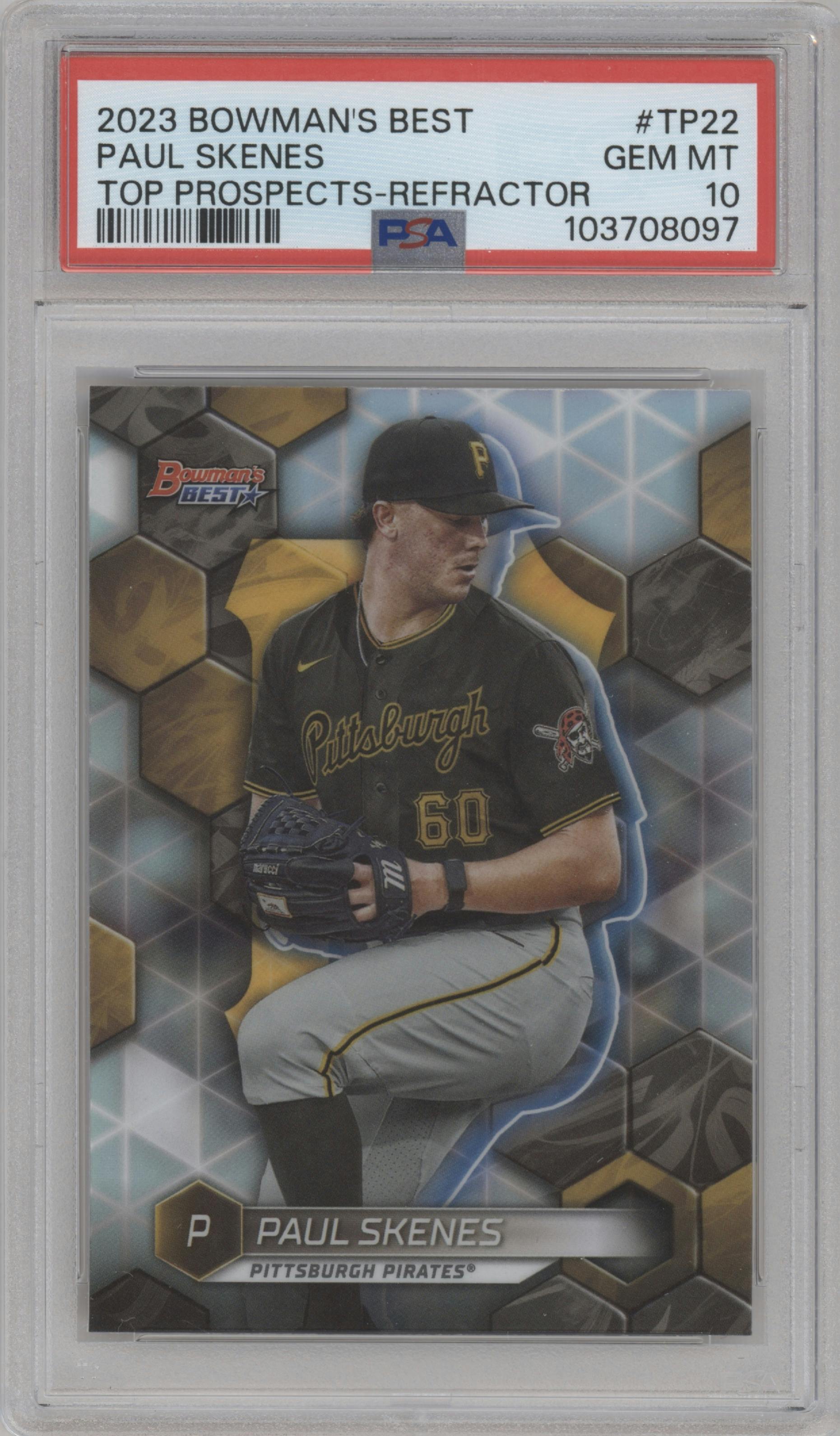 Paul Skenes from the 2023 Bowman's Best set featuring a Refractor parallel graded by PSA and given an overall grade of 10.