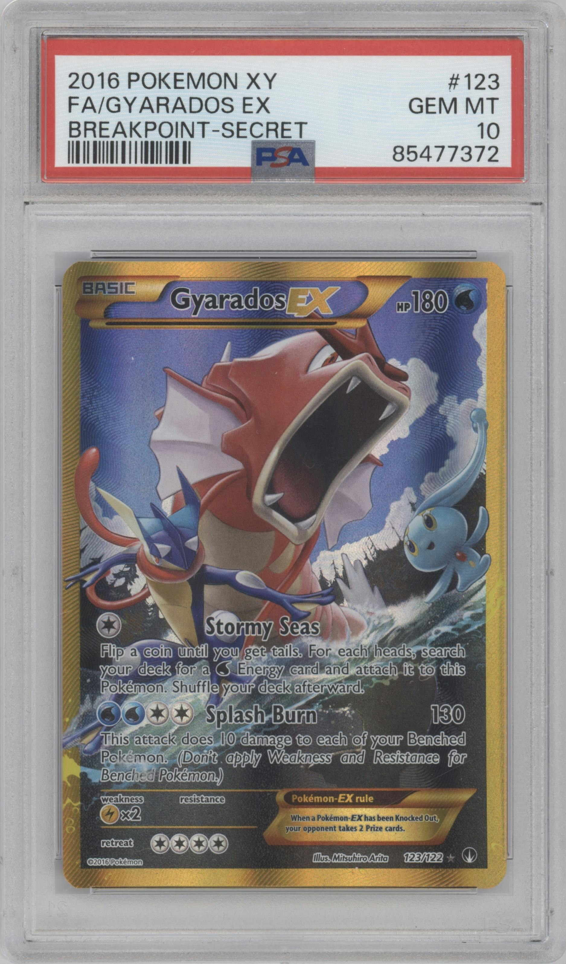 Gyarados EX from the 2016 Pokemon XY set graded by PSA and given an overall grade of 10.