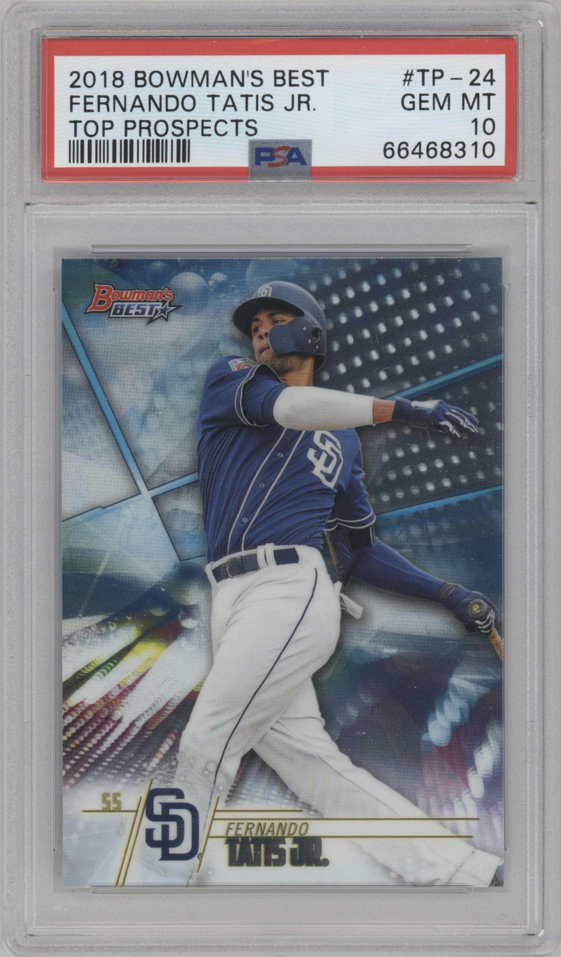 Fernando Tatis Jr. from the 2018 Bowman’s Best set graded by PSA and given an overall grade of 10.
