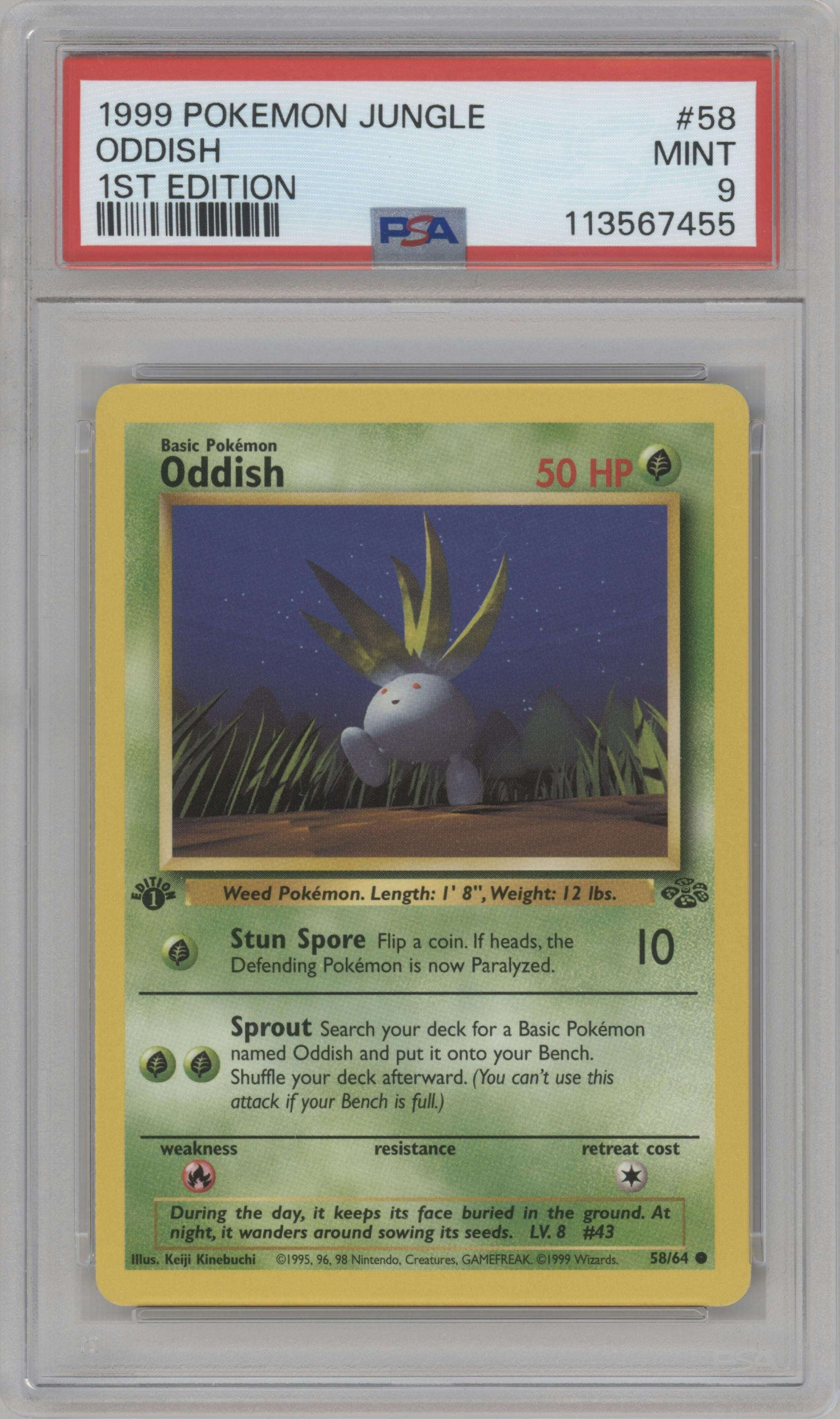 Oddish from the 1999 Pokemon set graded by PSA and given an overall grade of 9.