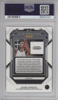 Victor Wembanyama from the 2023-24 Panini Prizm Draft Picks set featuring a Red Ice parallel graded by PSA and given an overall grade of 10.