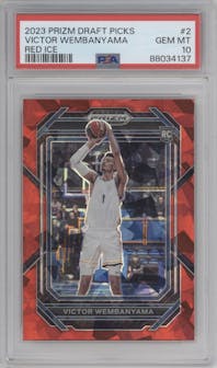 Victor Wembanyama from the 2023-24 Panini Prizm Draft Picks set featuring a Red Ice parallel graded by PSA and given an overall grade of 10.