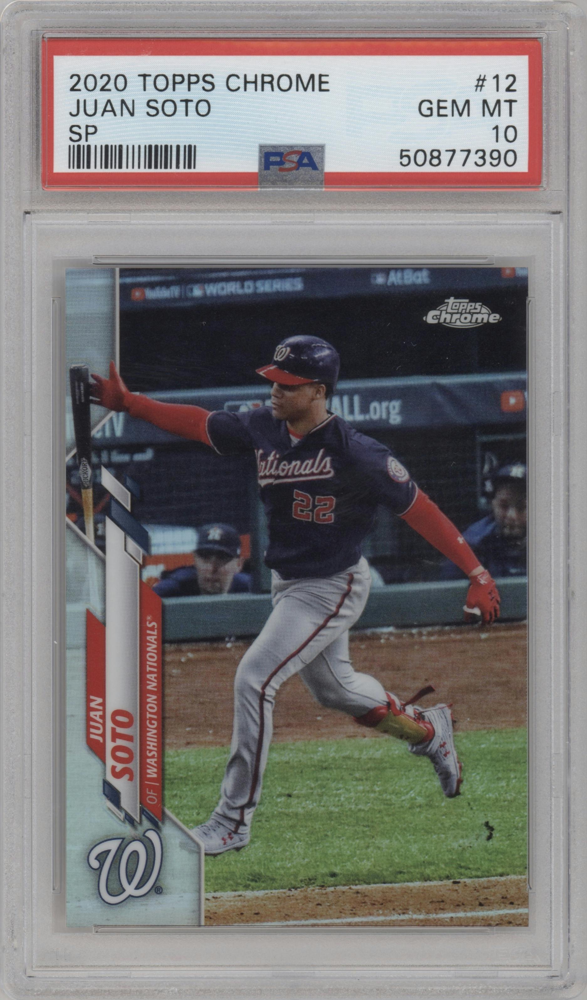 Juan Soto from the 2020 Topps Chrome set graded by PSA and given an overall grade of 10.