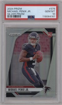 Michael Penix Jr. from the 2024 Panini Prizm set featuring a Silver Prizm parallel graded by PSA and given an overall grade of 10.