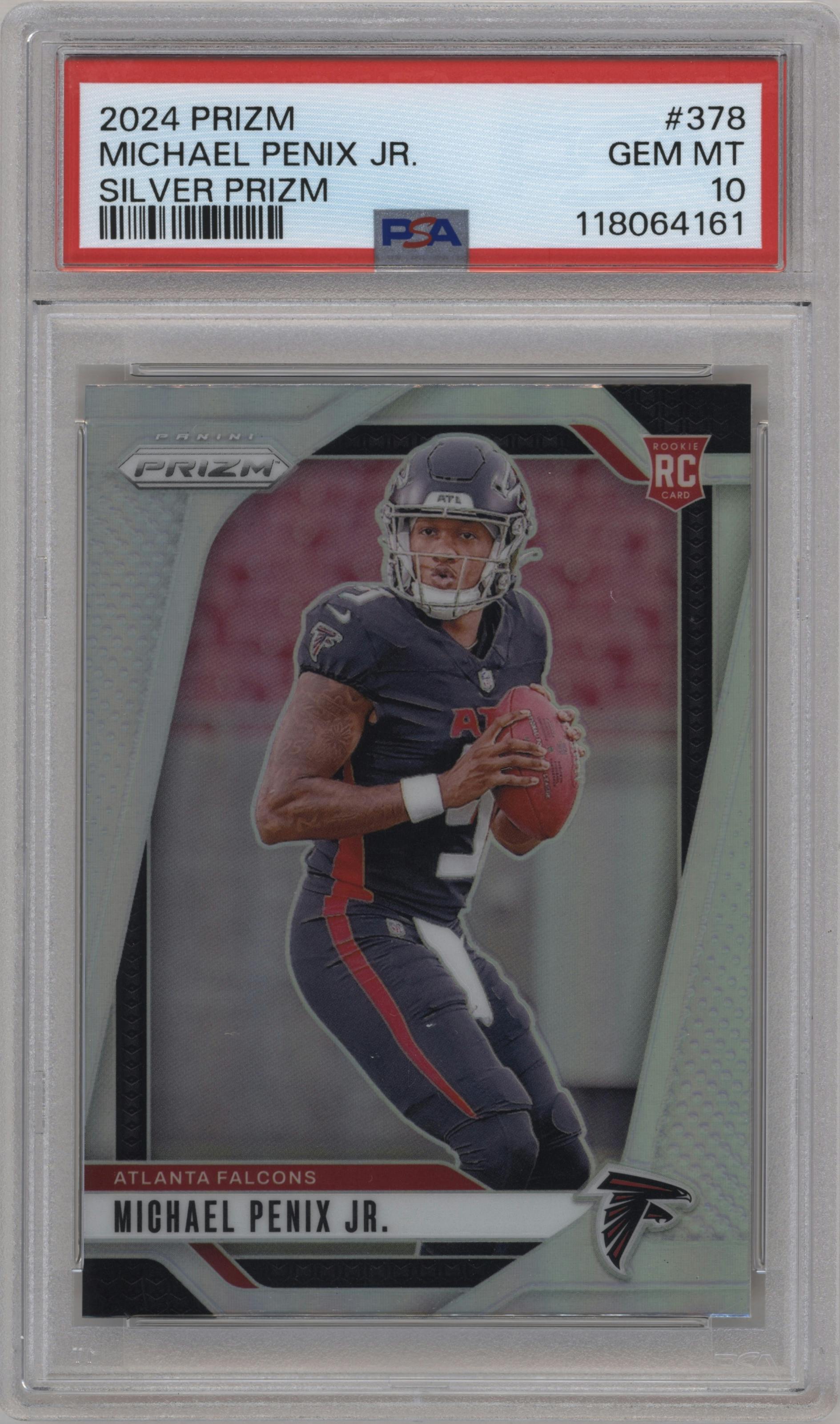 Michael Penix Jr. from the 2024 Panini Prizm set featuring a Silver Prizm parallel graded by PSA and given an overall grade of 10.