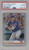Pete Alonso from the 2019 Topps Chrome set featuring a Refractor parallel graded by PSA and given an overall grade of 10.