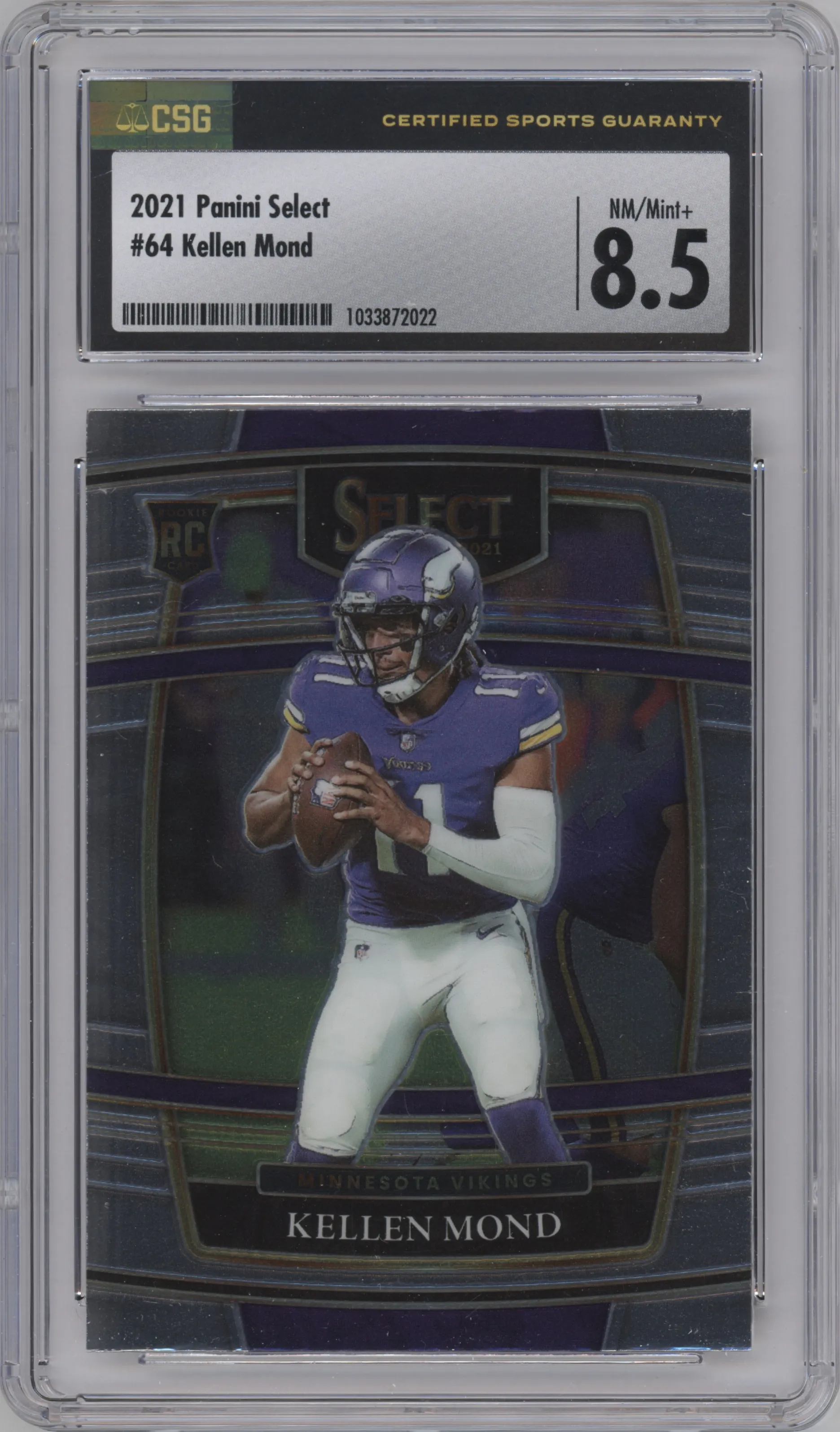 Kellen Mond from the 2021 Panini Select set graded by CSG and given an overall grade of 8.5.