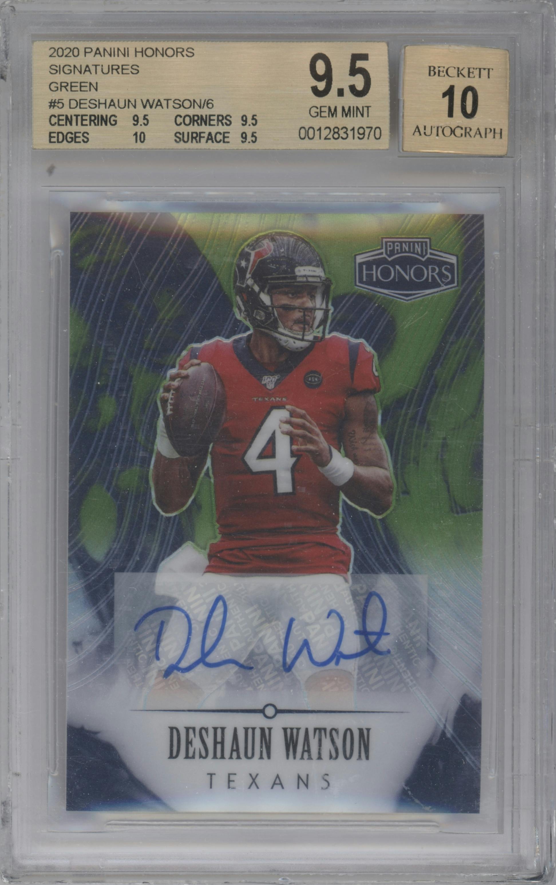 Deshaun Watson from the 2020 Panini Honors set featuring a Green parallel graded by Beckett and given an overall grade of 9.5.