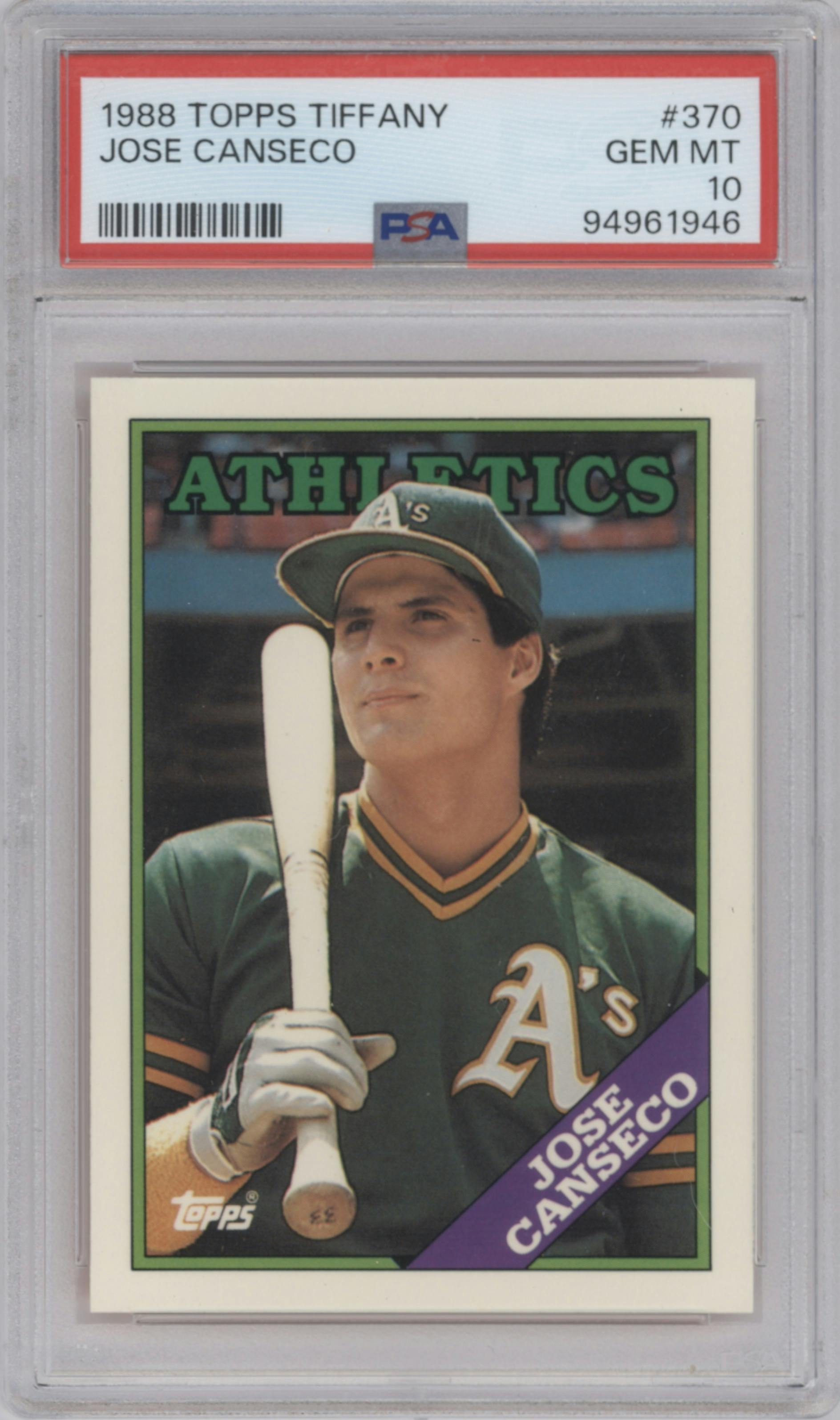 Jose Canseco from the 1988 Topps set featuring a Tiffany parallel graded by PSA and given an overall grade of 10.