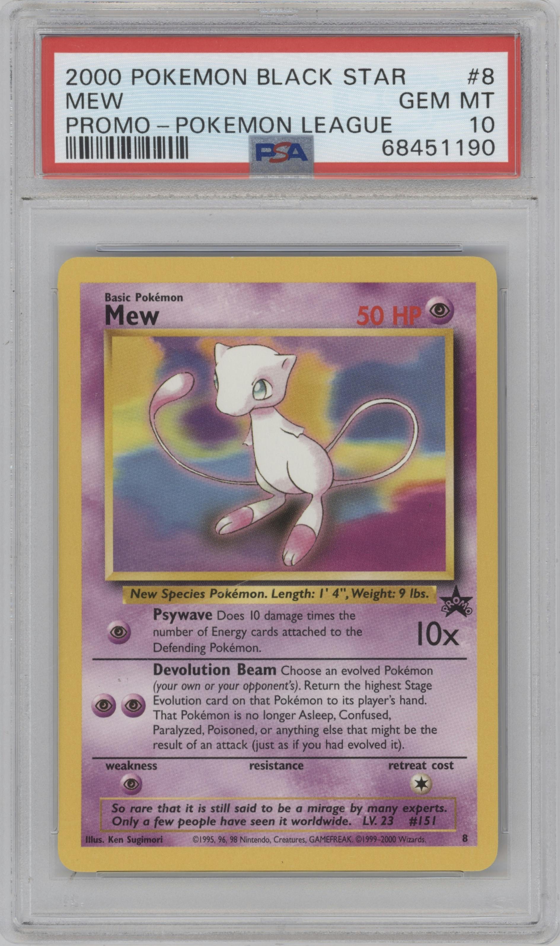 Mew from the 2000 Pokemon set featuring a Pokemon League parallel graded by PSA and given an overall grade of 10.