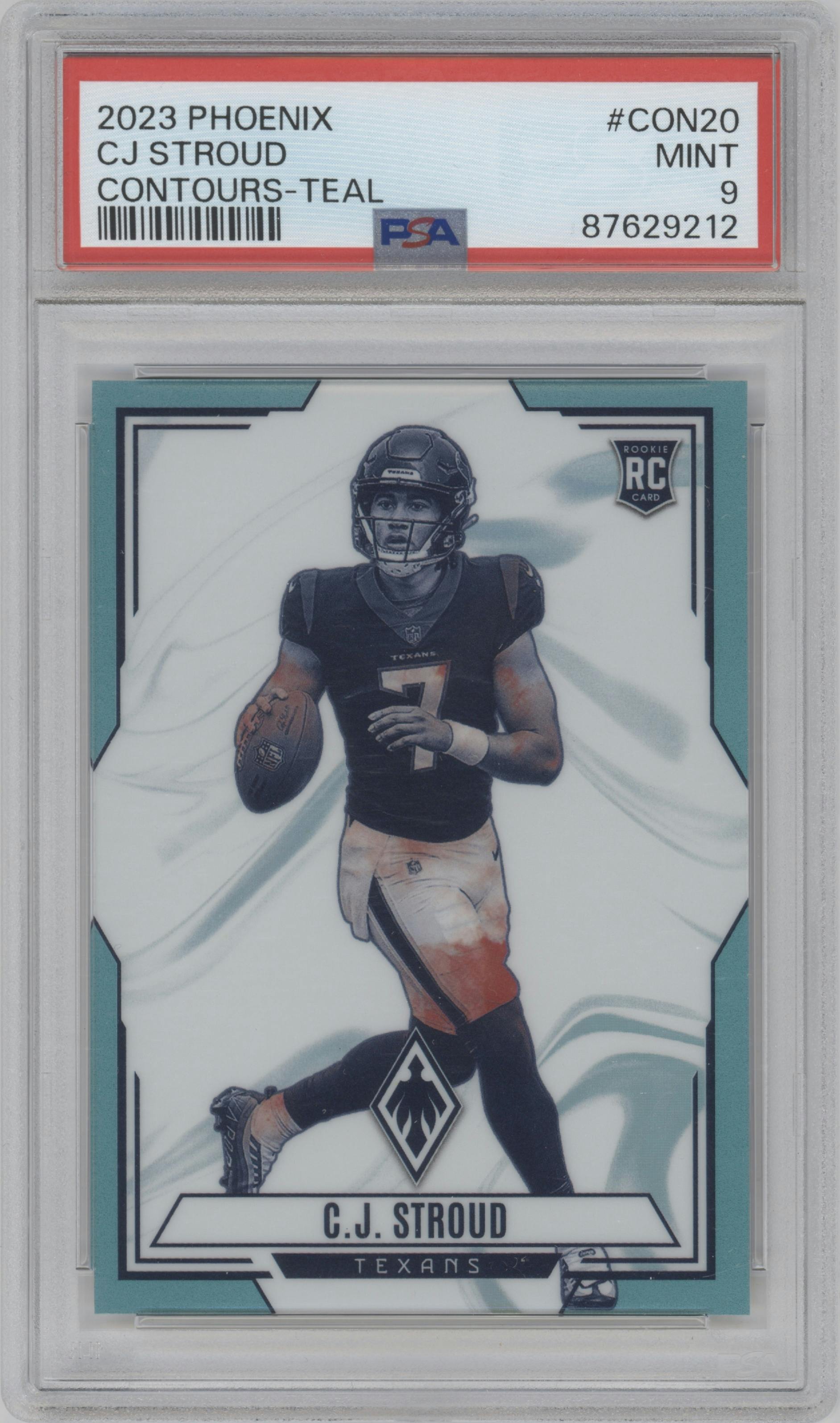 C.J. Stroud from the 2023 Panini Phoenix set featuring a Teal parallel graded by PSA and given an overall grade of 9.