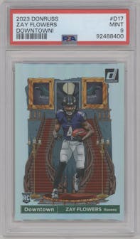 Zay Flowers  from the 2023 Panini Donruss set graded by PSA and given an overall grade of 9.