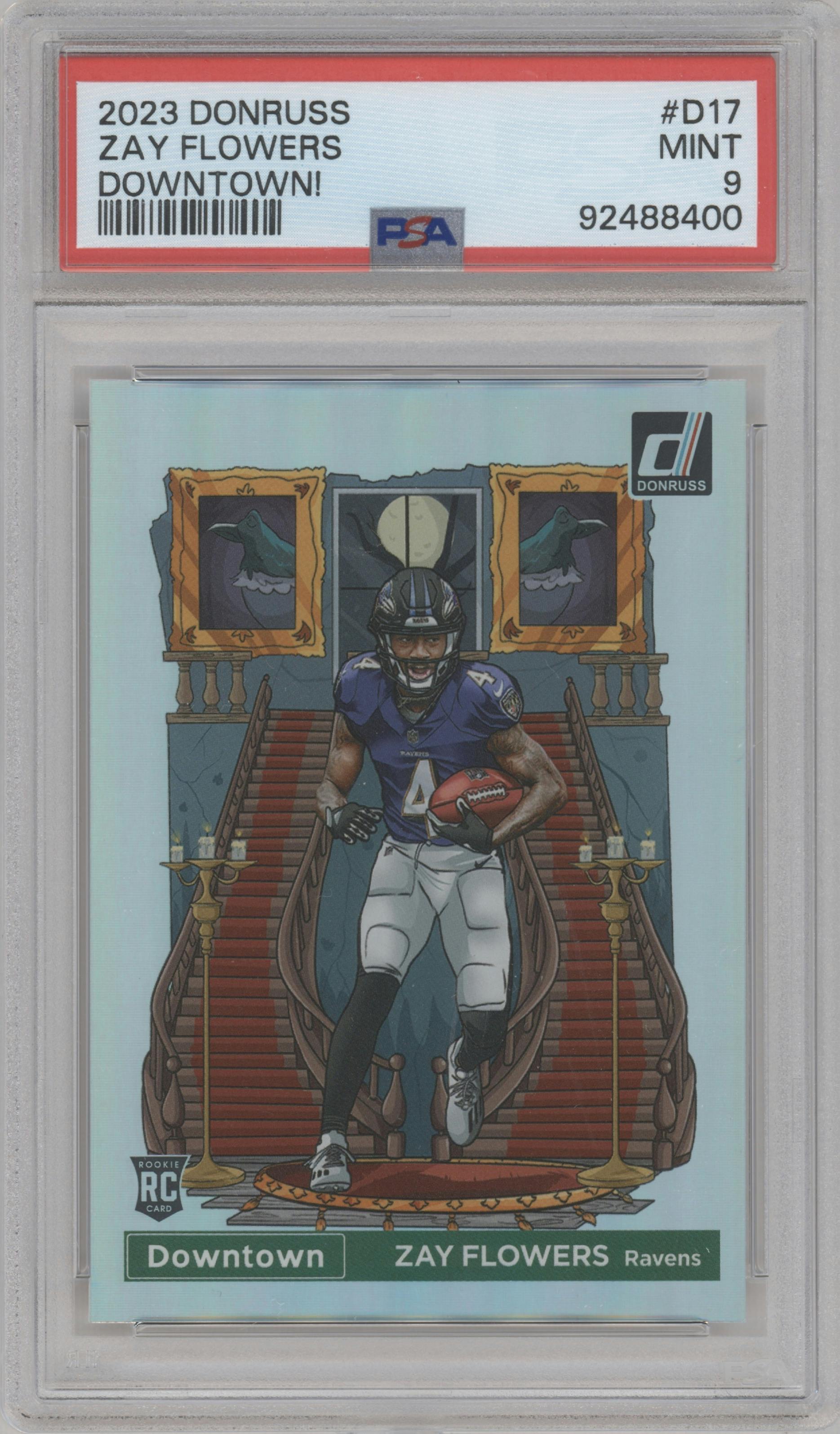 Zay Flowers  from the 2023 Panini Donruss set graded by PSA and given an overall grade of 9.