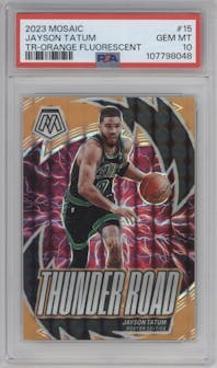 Jayson Tatum from the 2023-24 Panini Mosaic set featuring a Orange Fluorescent parallel graded by PSA and given an overall grade of 10.
