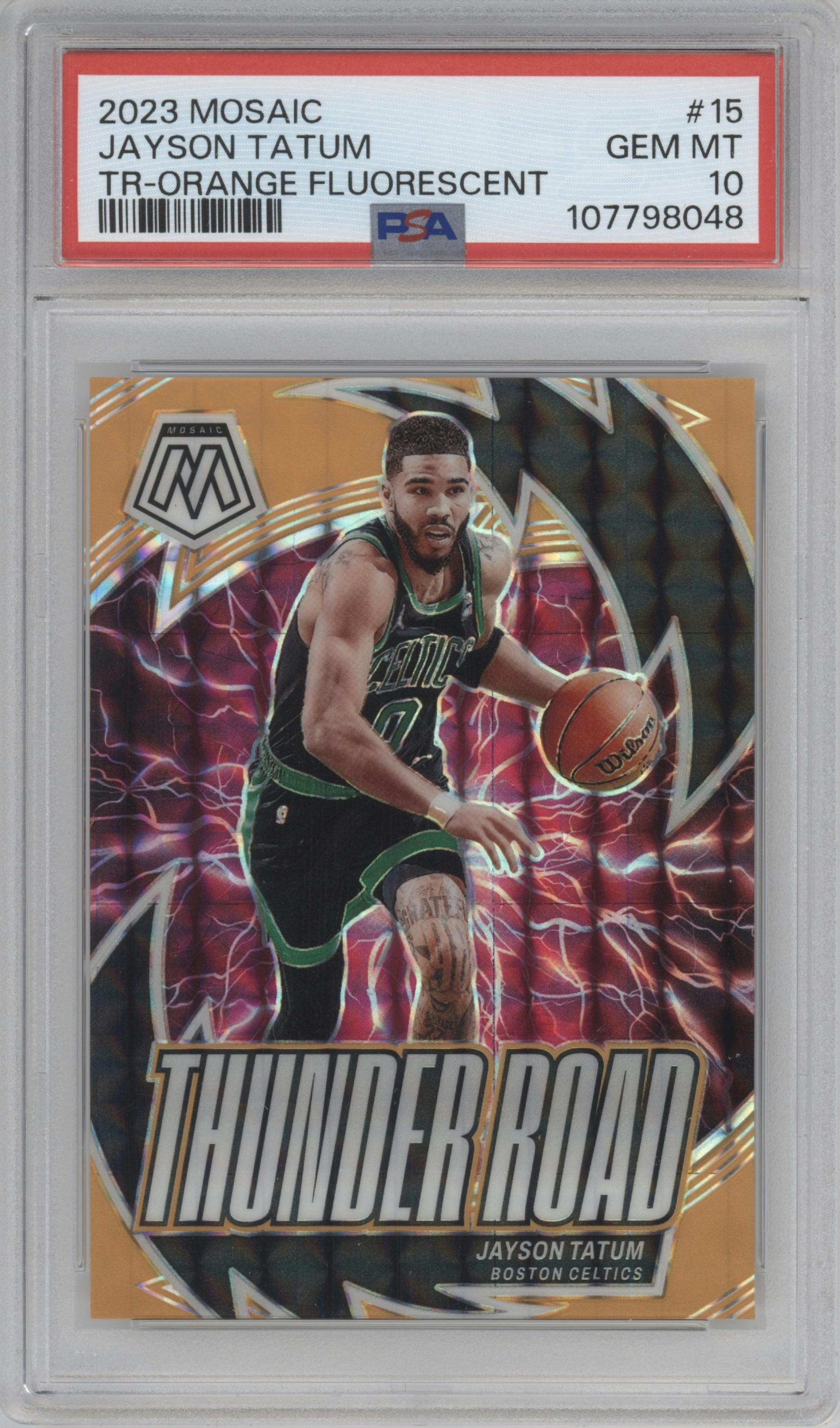 Jayson Tatum from the 2023-24 Panini Mosaic set featuring a Orange Fluorescent parallel graded by PSA and given an overall grade of 10.
