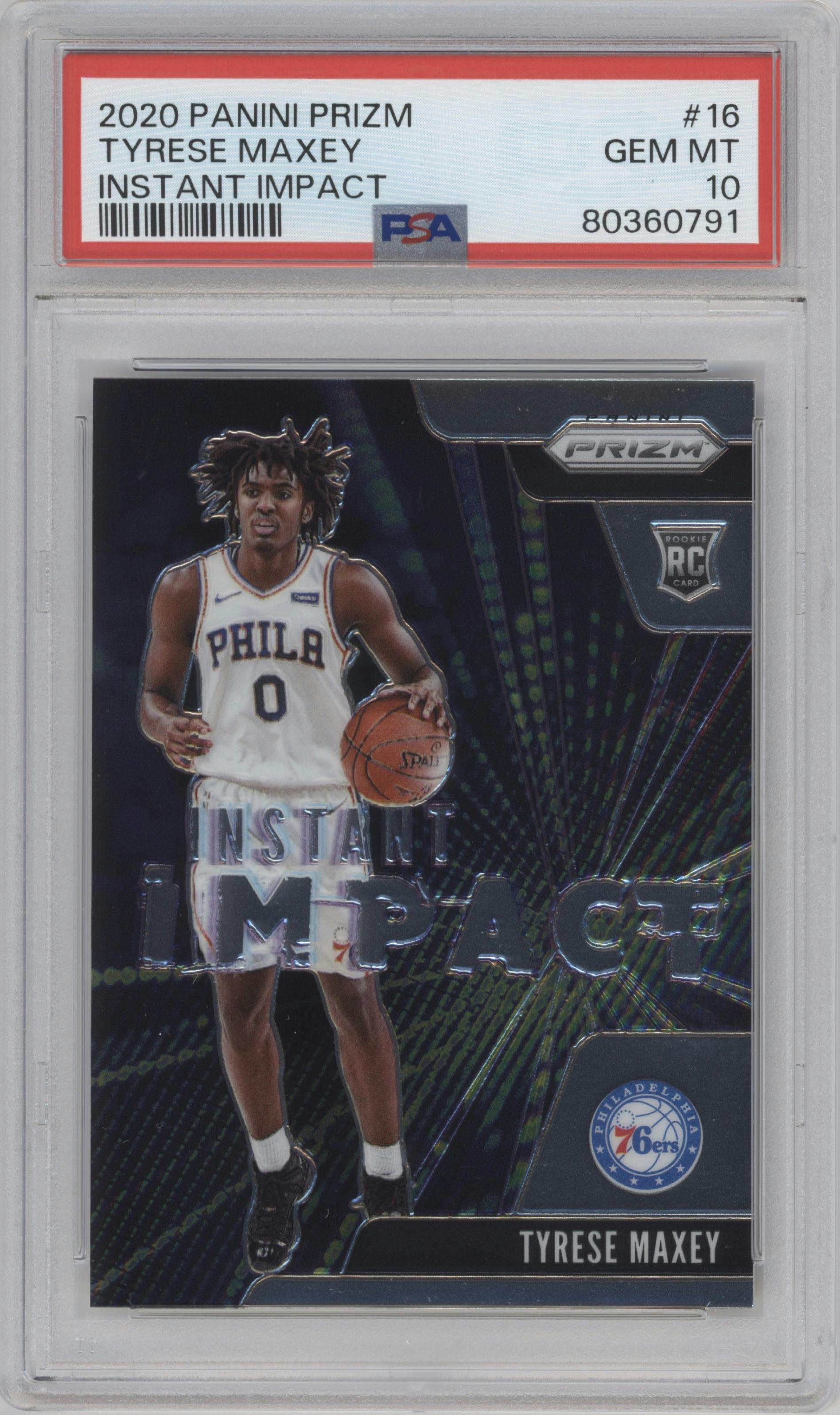 Tyrese Maxey from the 2020-21 Panini Prizm set graded by PSA and given an overall grade of 10.