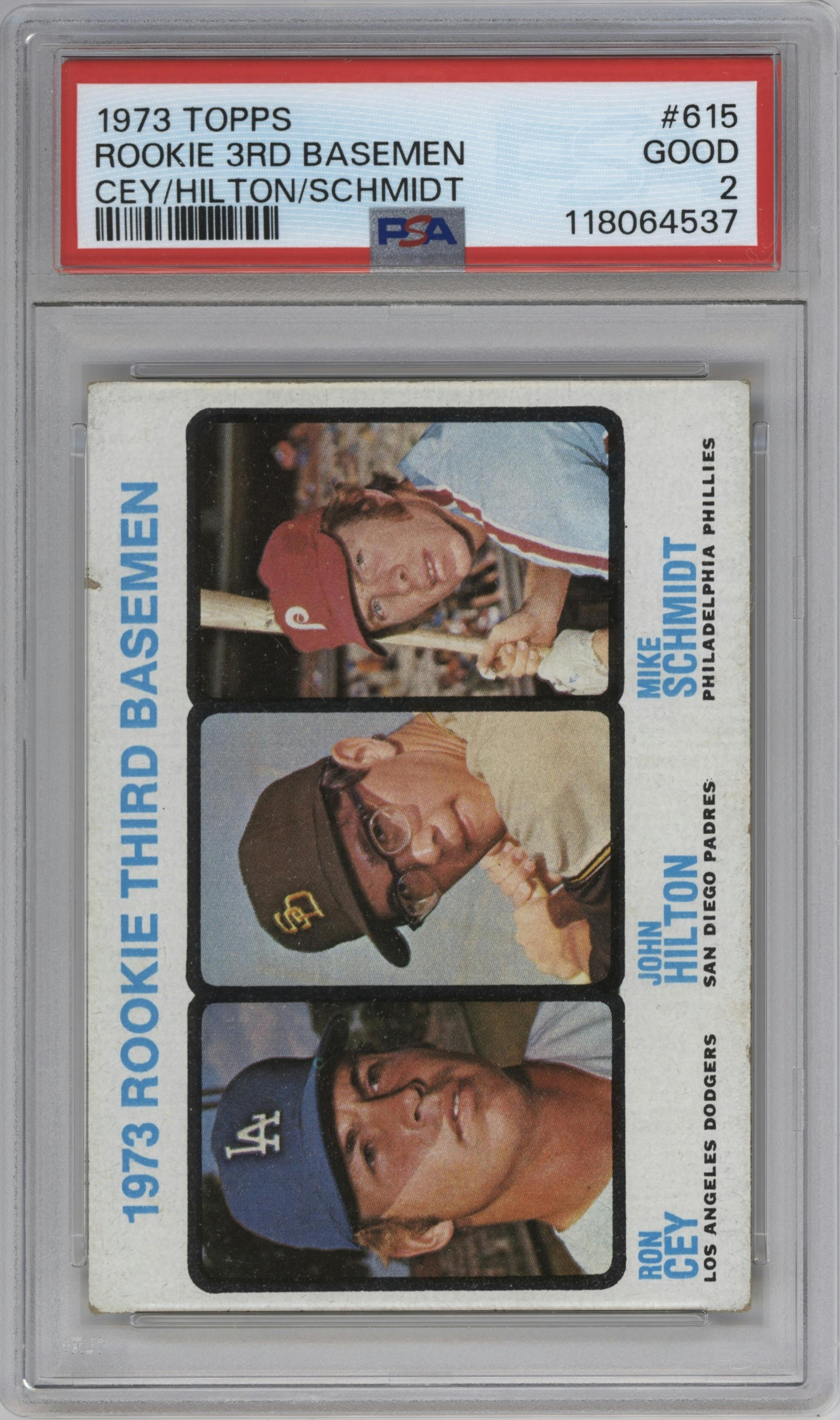 Ron Cey/John Hilton/Mike Schmidt from the 1973 Topps set graded by PSA and given an overall grade of 2.