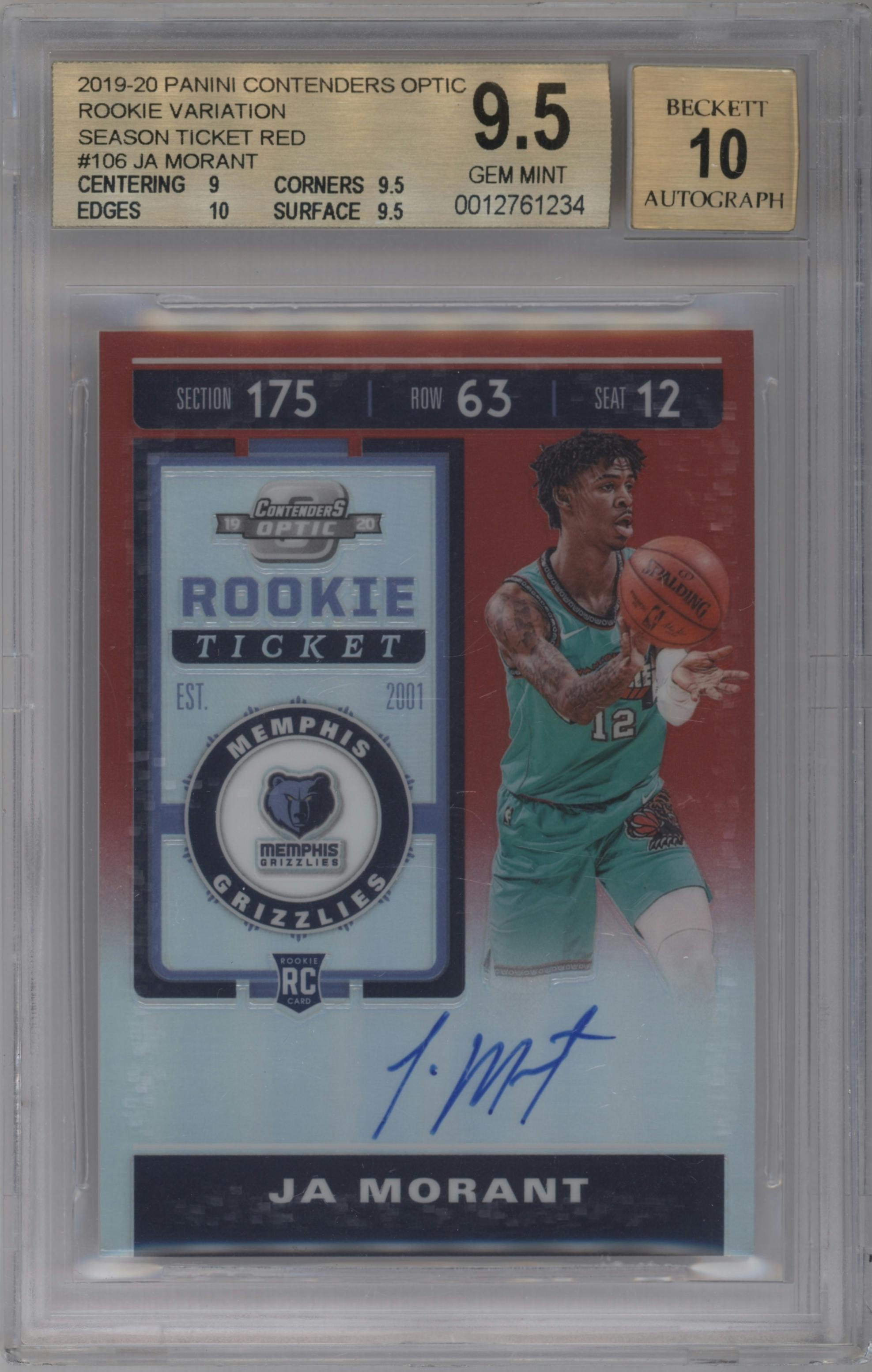 Ja Morant from the 2019-20 Panini Contenders Optic set featuring a Red parallel graded by Beckett and given an overall grade of 9.5.