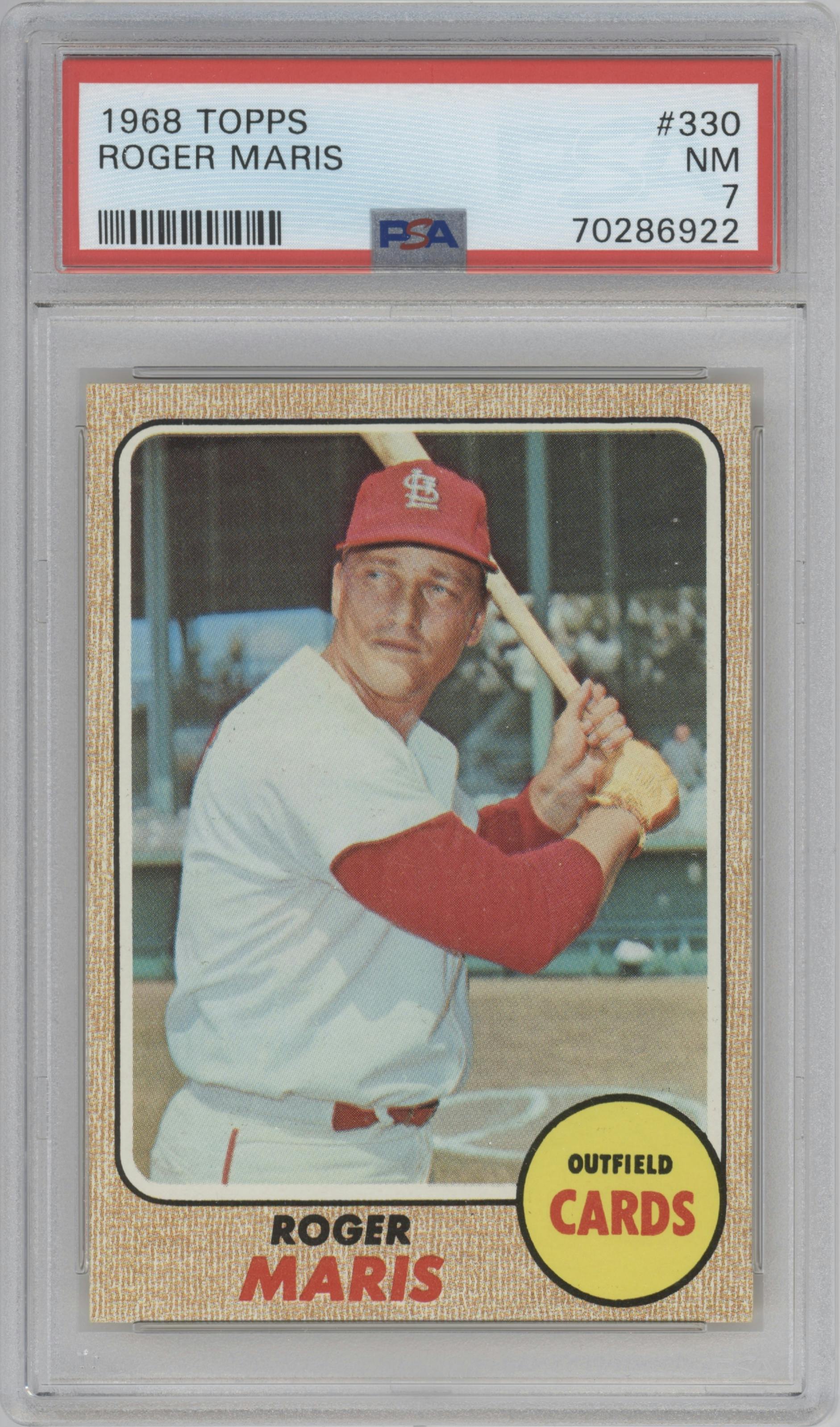 Roger Maris from the 1968 Topps set graded by PSA and given an overall grade of 7.