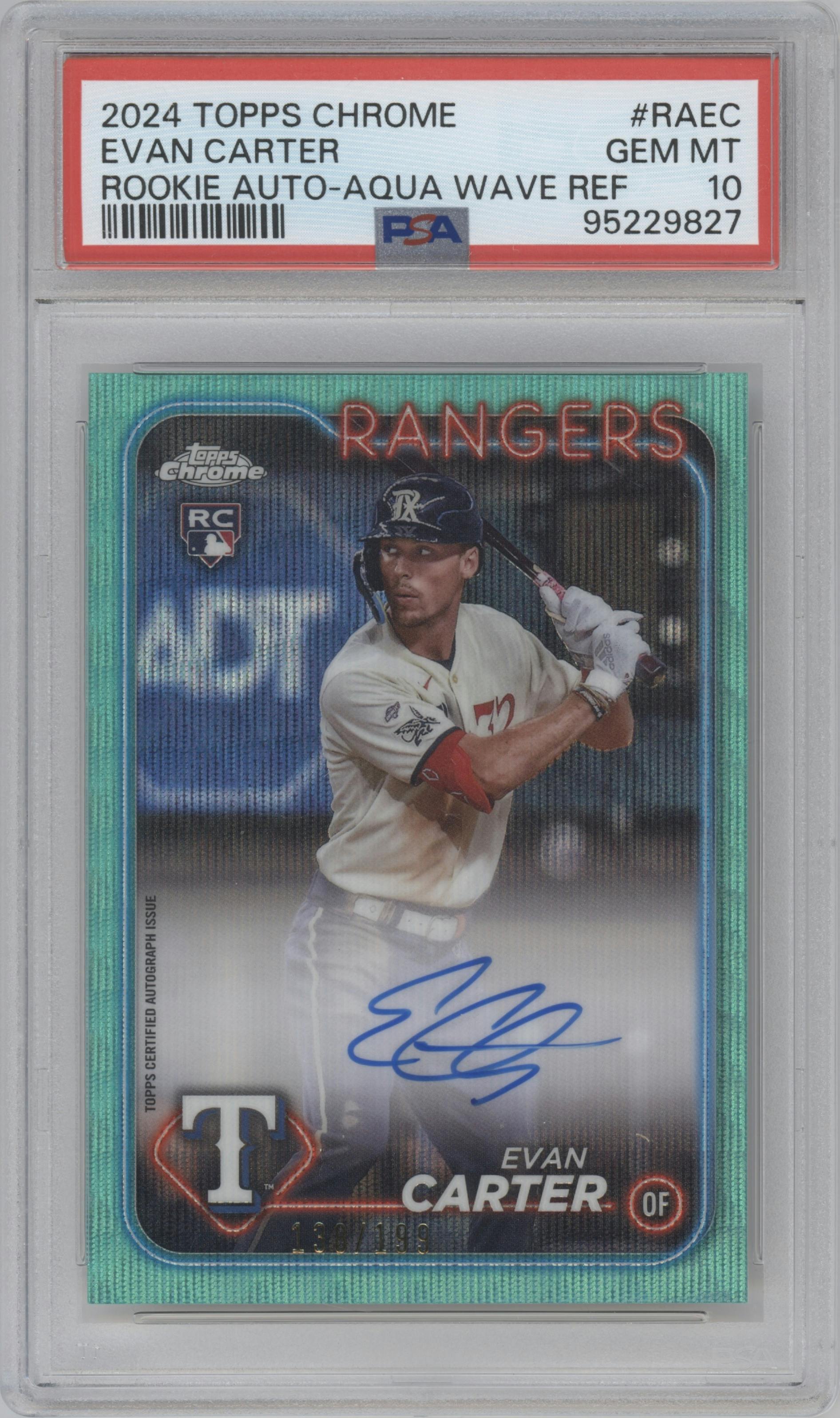 Evan Carter from the 2024 Topps Chrome set featuring a Aqua Wave Refractor parallel graded by PSA and given an overall grade of 10.