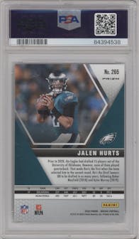 Jalen Hurts from the 2020 Panini Mosaic set featuring a Green Mosaic parallel graded by PSA and given an overall grade of 10.
