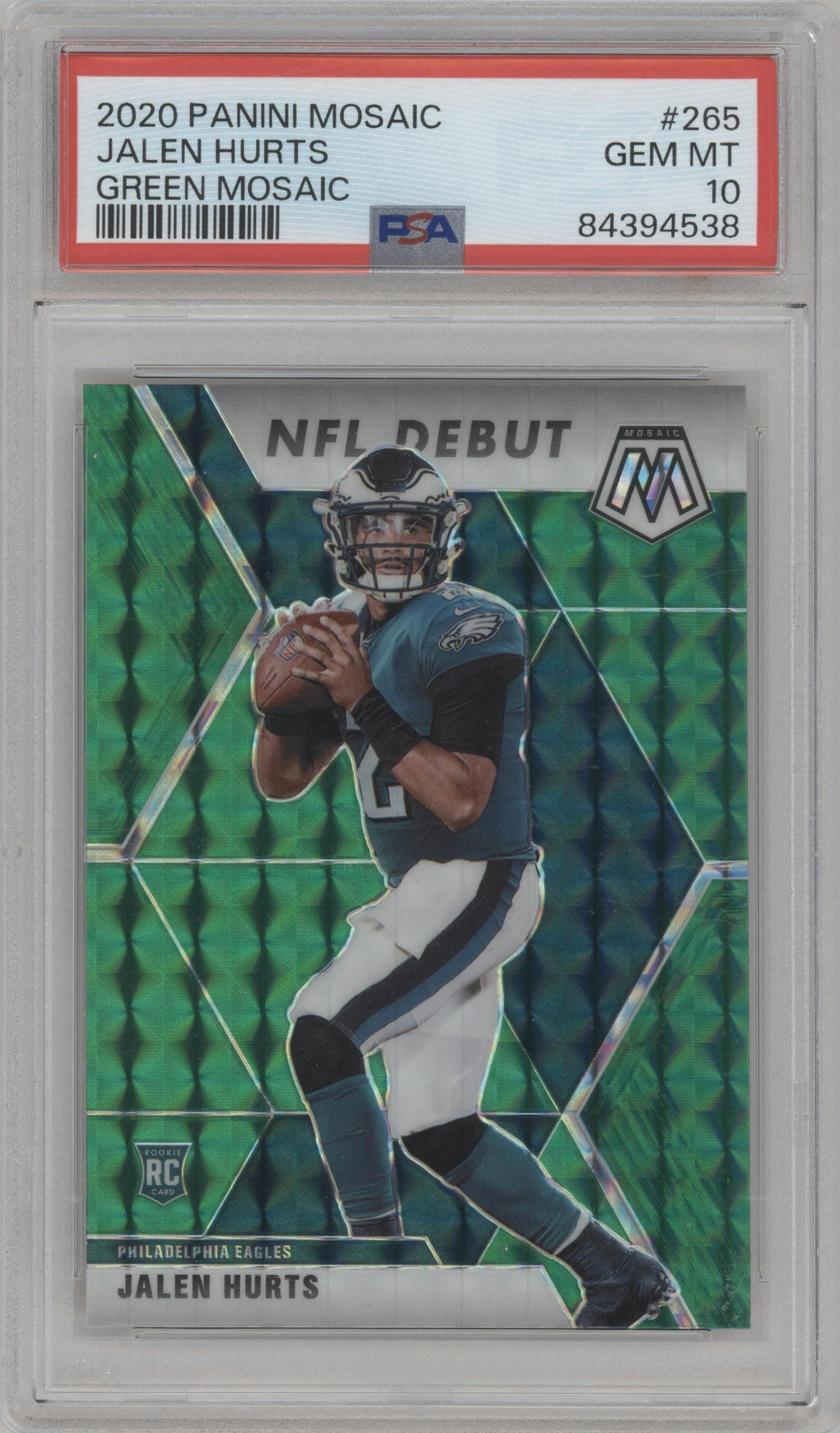 Jalen Hurts from the 2020 Panini Mosaic set featuring a Green Mosaic parallel graded by PSA and given an overall grade of 10.