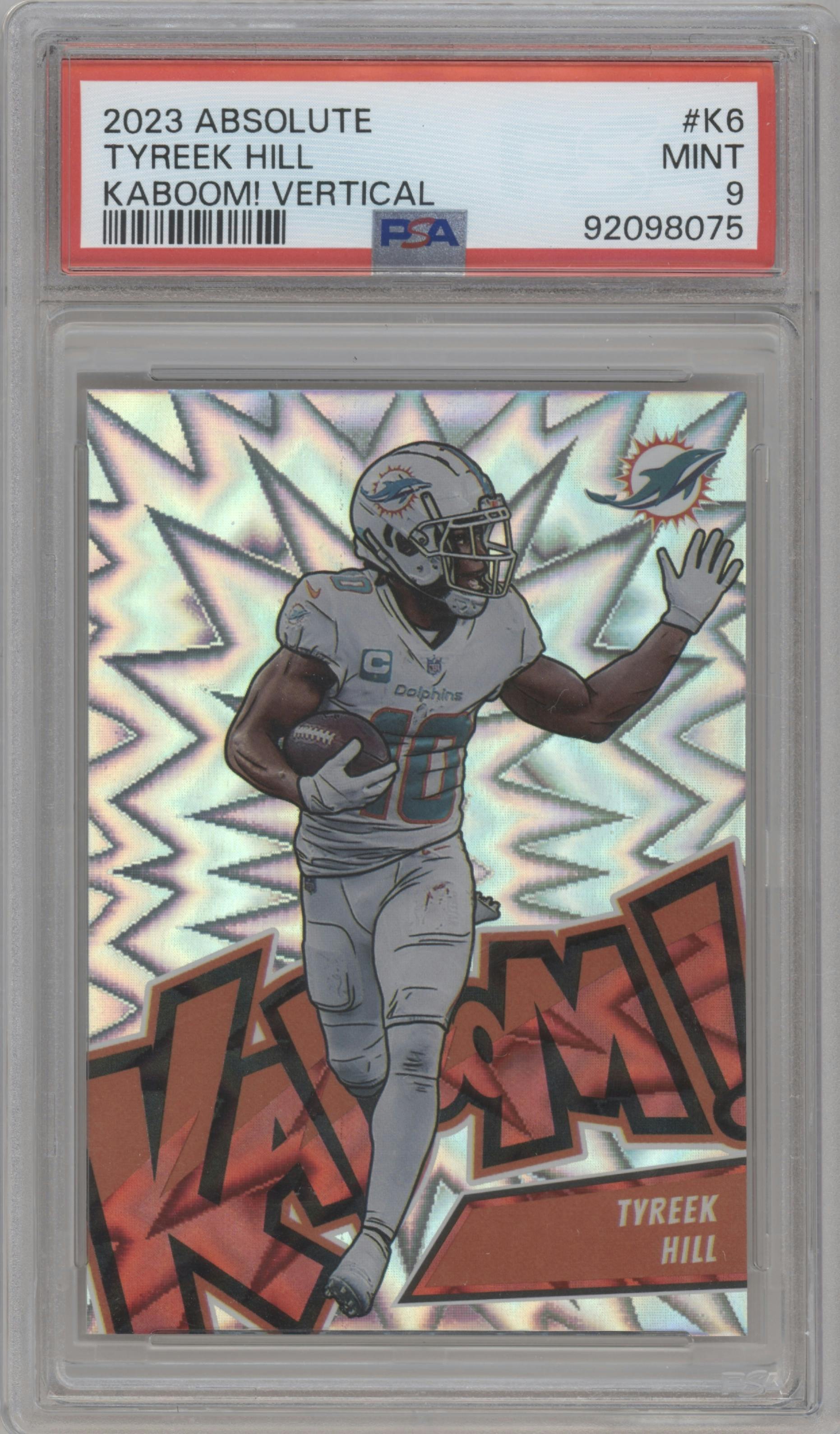 Tyreek Hill from the 2023 Panini Absolute set graded by PSA and given an overall grade of 9.