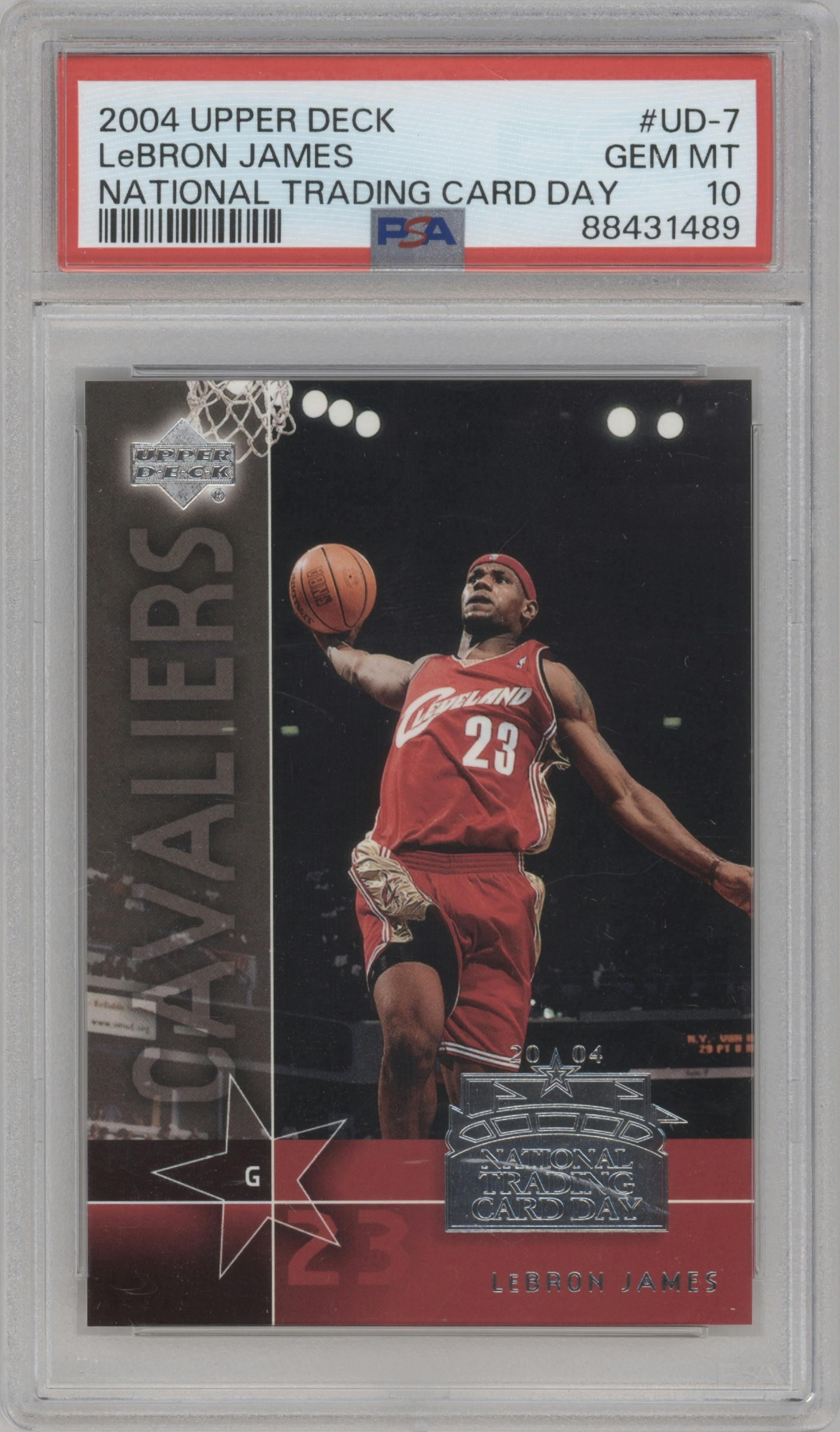 LeBron James from the 2004-05 Upper Deck National Trading Card Day set graded by PSA and given an overall grade of 10.