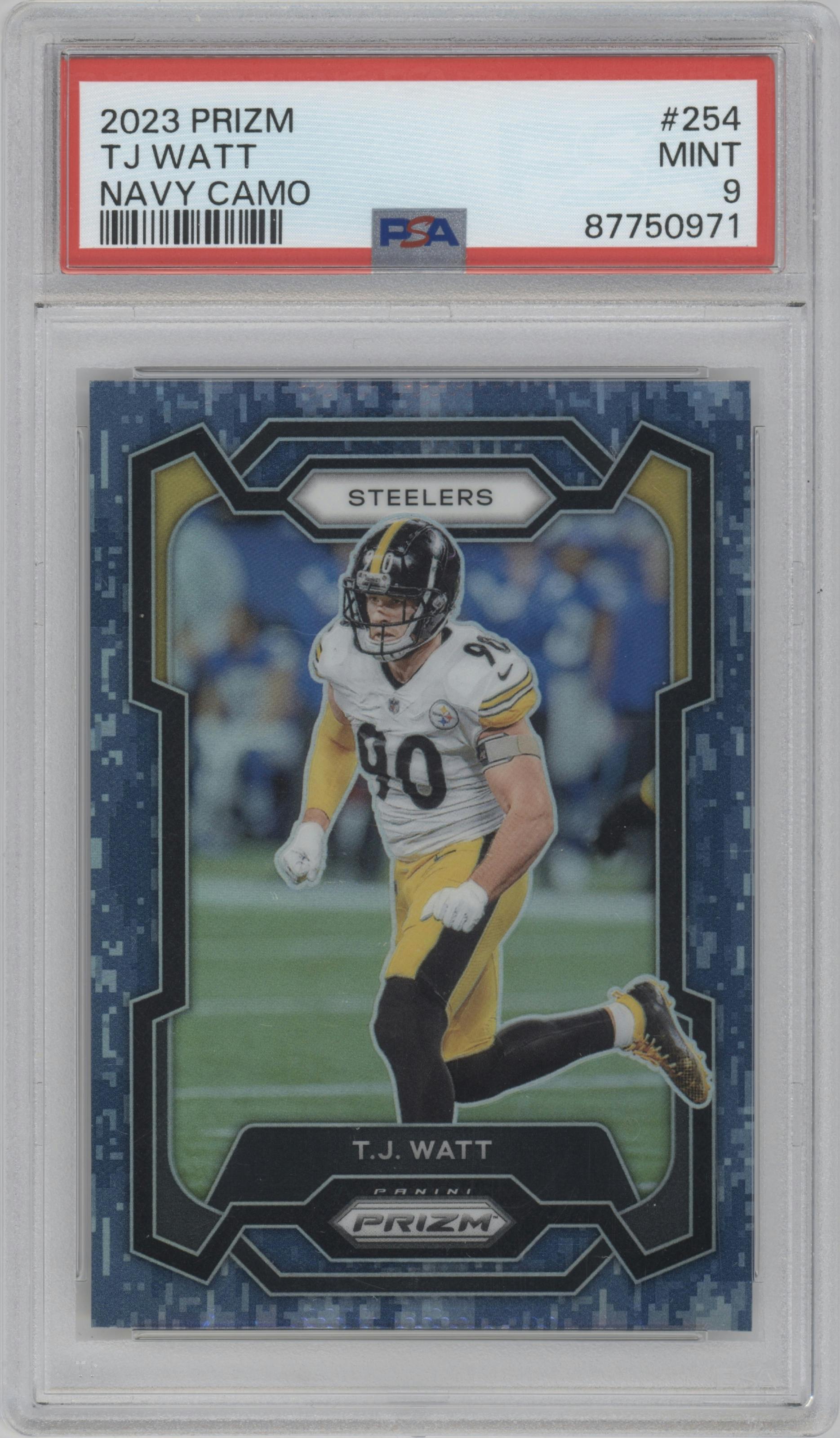 T.J. Watt from the 2023 Panini Prizm set featuring a Navy Camo parallel graded by PSA and given an overall grade of 9.