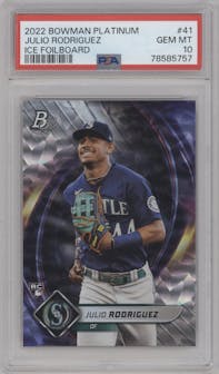Julio Rodriguez from the 2022 Bowman Platinum set featuring a Ice Foilboard parallel graded by PSA and given an overall grade of 10.