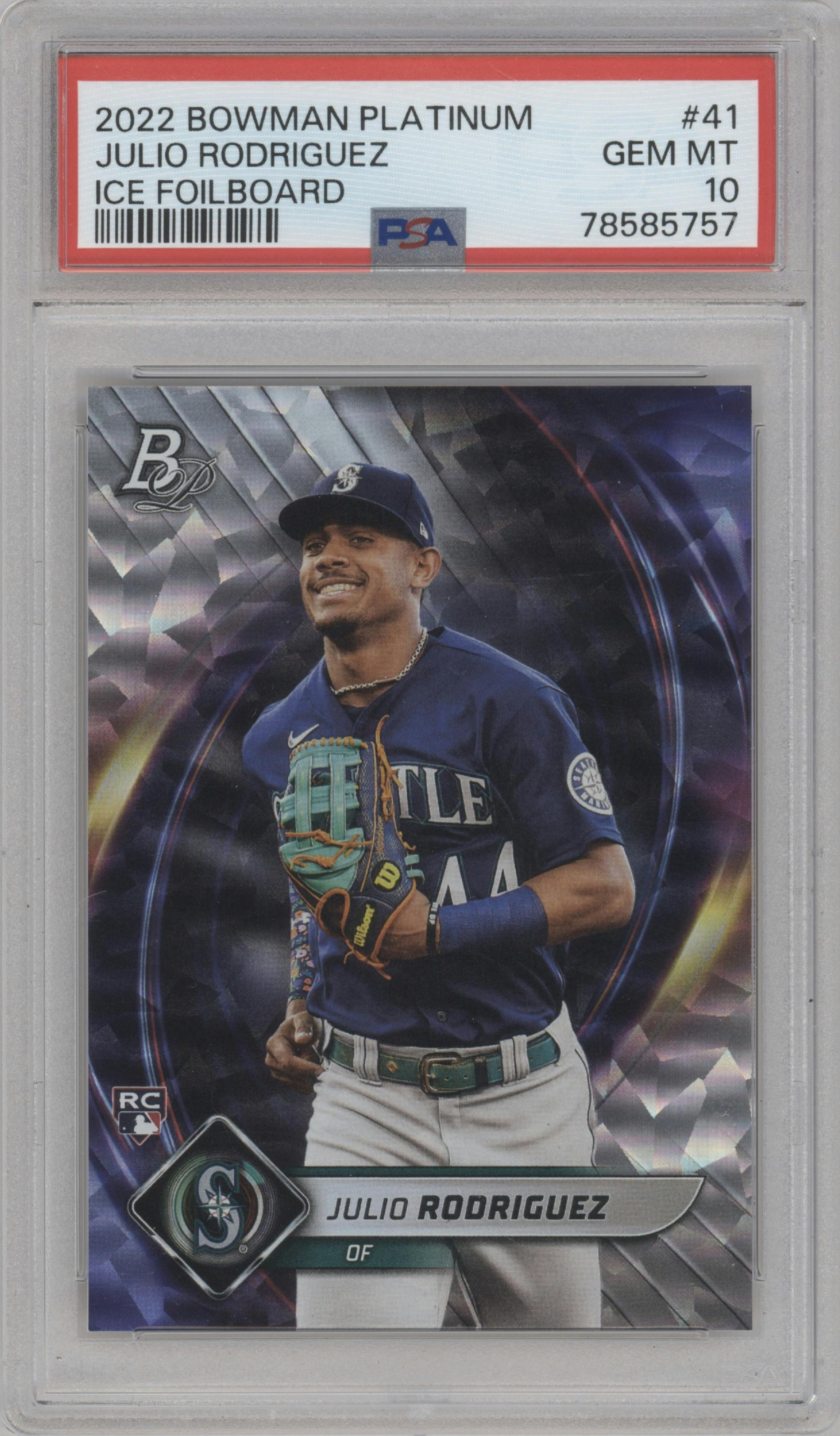 Julio Rodriguez from the 2022 Bowman Platinum set featuring a Ice Foilboard parallel graded by PSA and given an overall grade of 10.